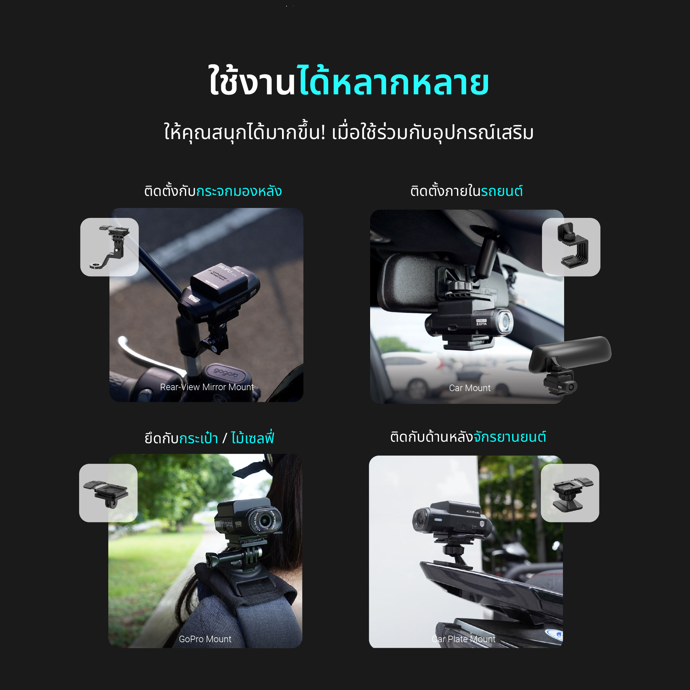 MUFU V12S PRO กล้องติดหมวกกันน็อค ใช้งานต่อเนื่อง10ชม กล้องติดรถยนต์ กันน้ำ IP66 Wifi 1080P WDR รับประกันสินค้า1ปี