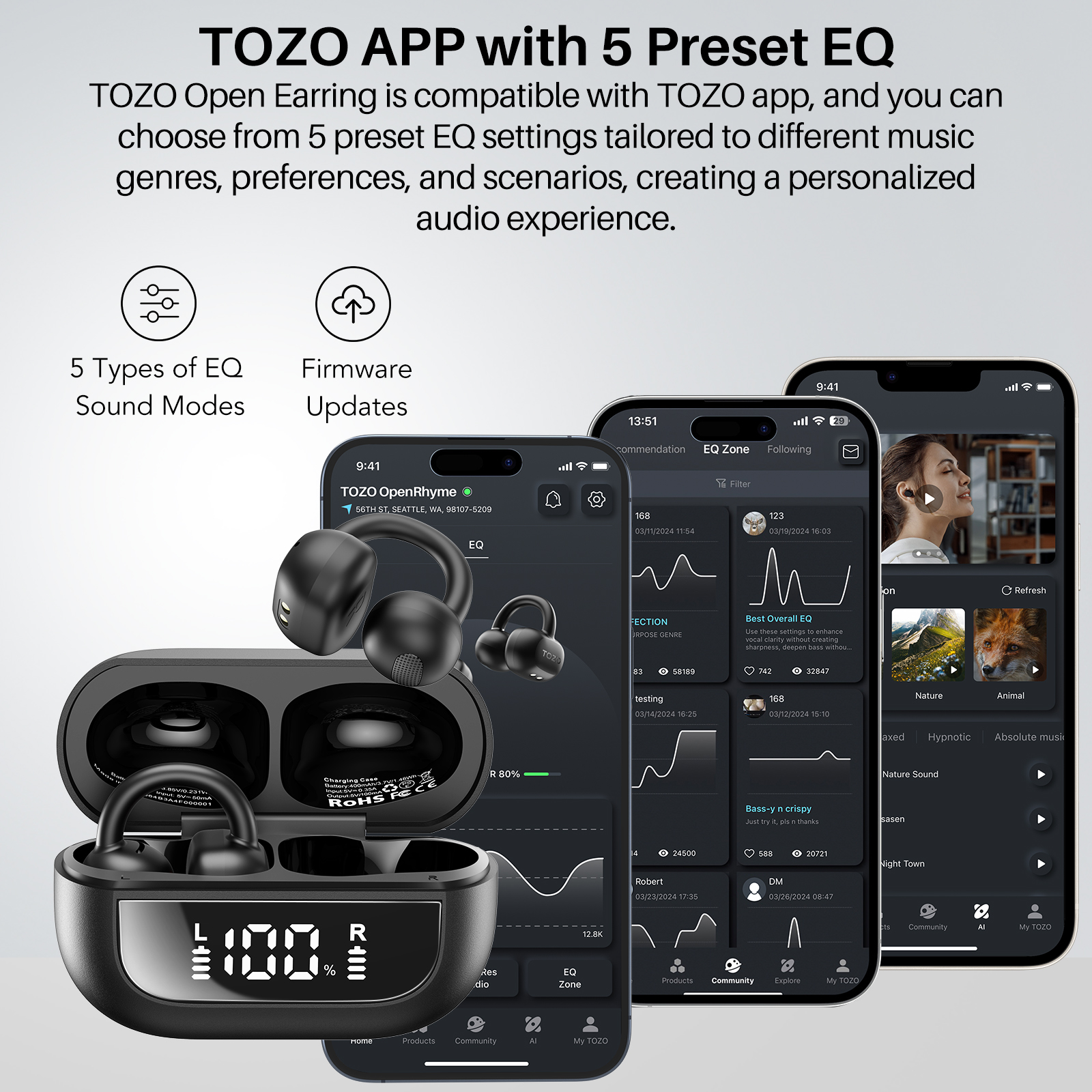 TOZO OpenRhyme หูฟังบลูทูธ หูฟังไร้สาย หูฟังคลิปออน เบสหนัก Bluetooth 5.3 แบต 8 ชม/ชาร์จ IPX5 Game Mode
