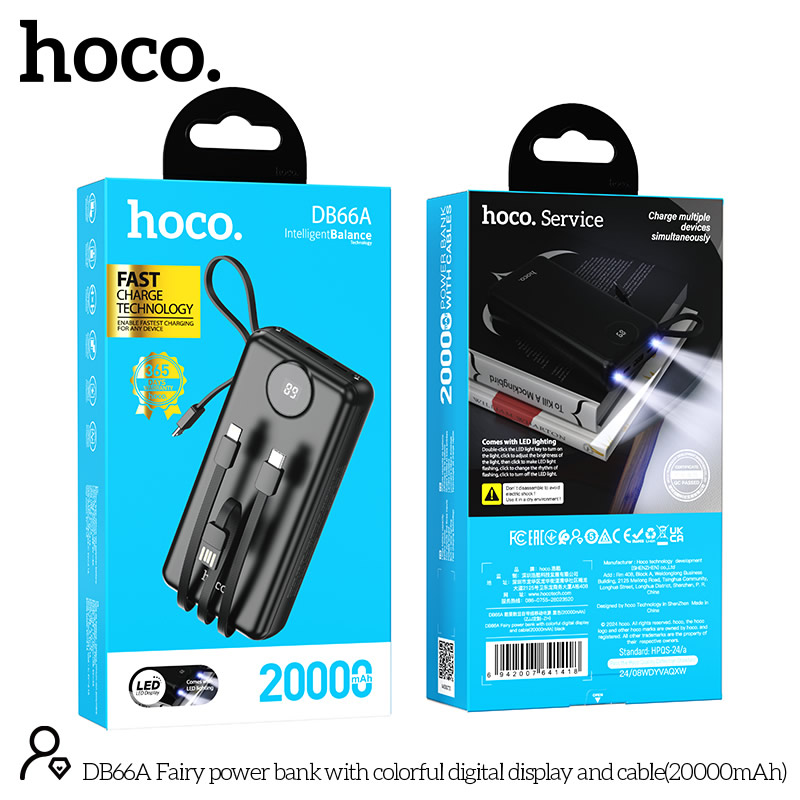 Hoco DB66A แบตสำรอง 20,000mAh พร้อมสายในตัว powerbank ชาร์จเร็ว มีมอก. ...