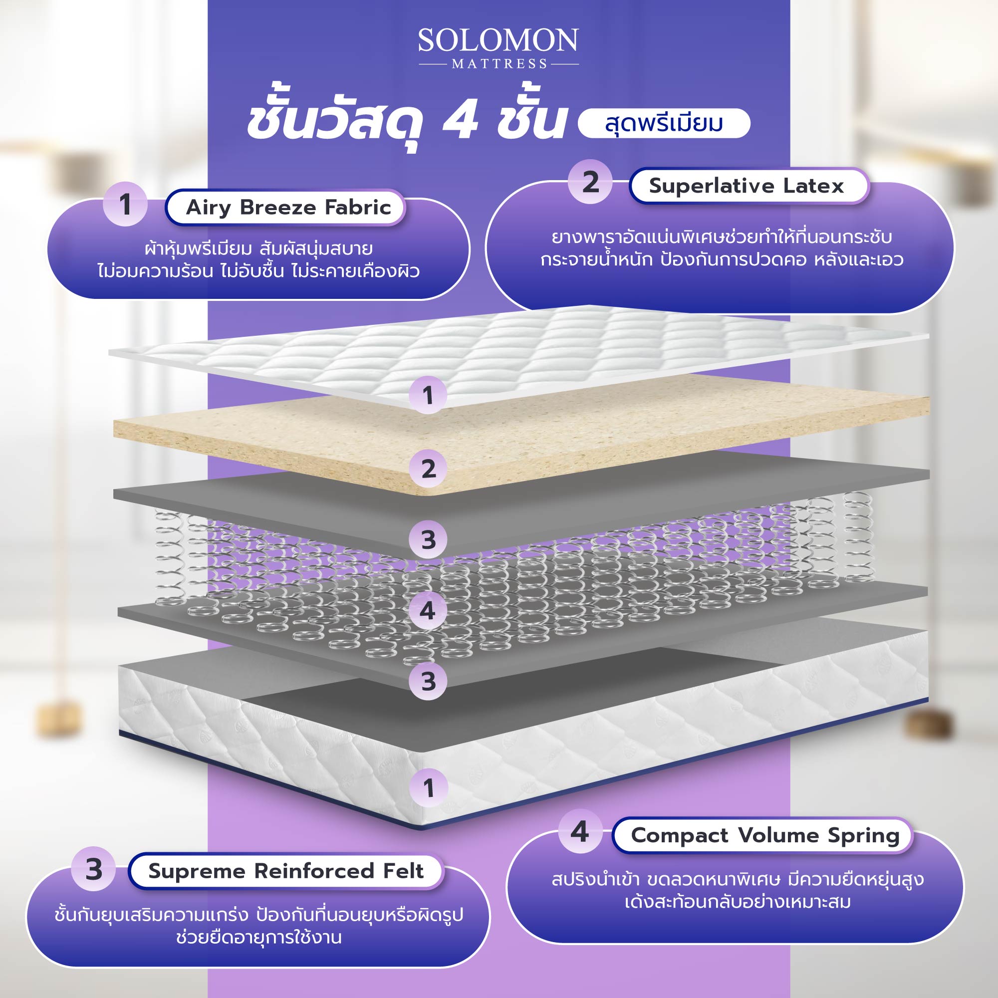Solomon mattress รุ่น Mother ที่นอนสปริงเสริมยางพาราอัด หนา 10 นิ้ว รองรับสรีระ ลดอาการปวดหลัง
