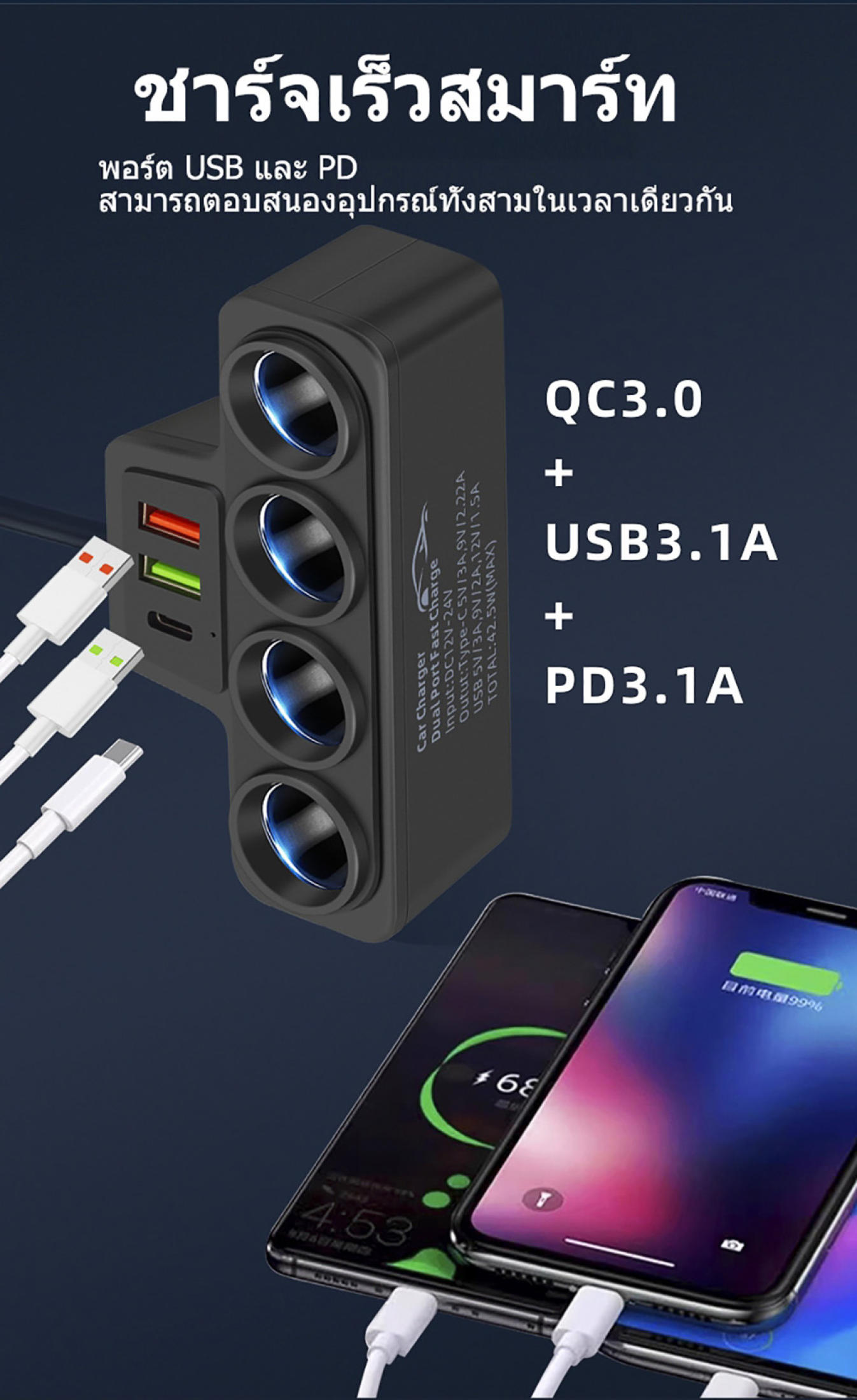 MOTUS D-25 120W ที่ชาร์จ ในรถยนต์แบบหลายพอร์ต 3in1 2 USB port +1PD port ...