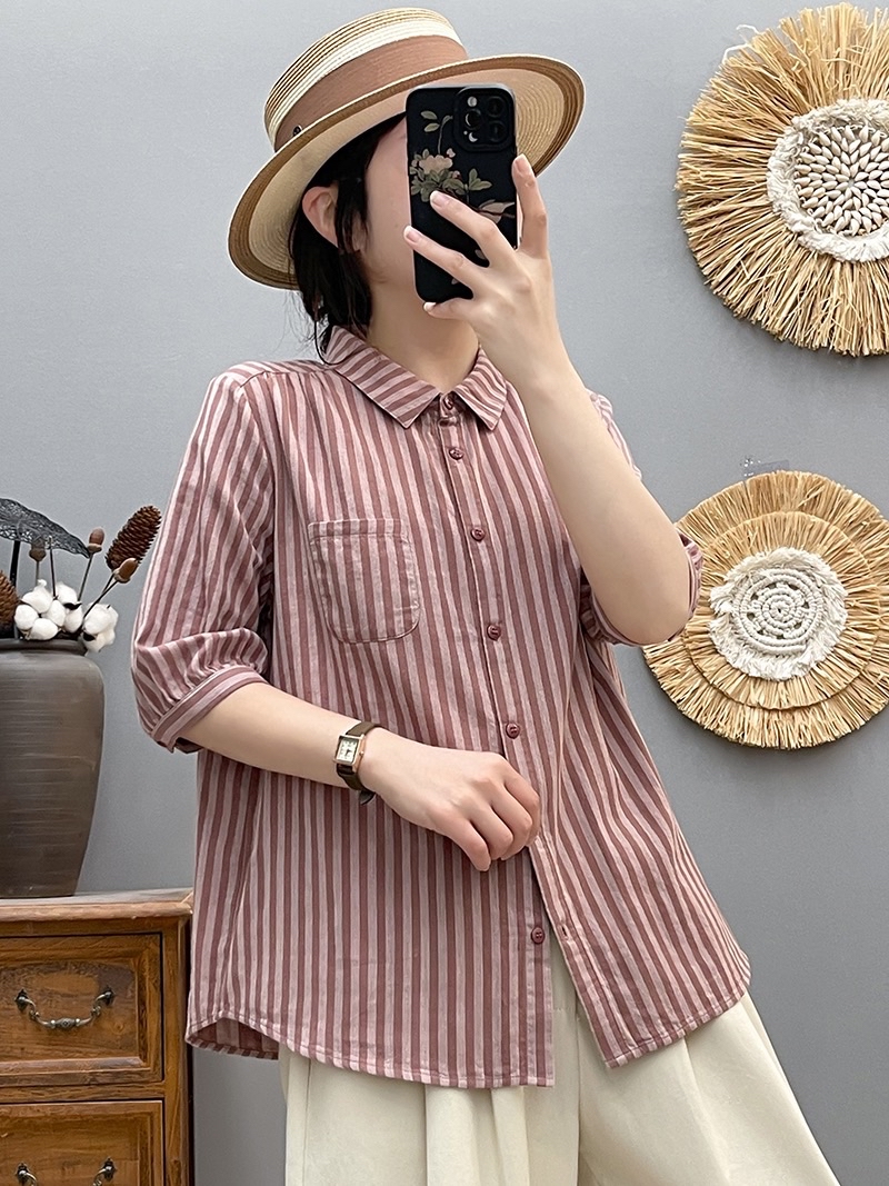 เสื้อเชิ้ตแขนสั้น ลายทาง แขนศอก 38-48“ [ปกรวม 9สี] ผู้หญิง เสื้อลายทาง ...