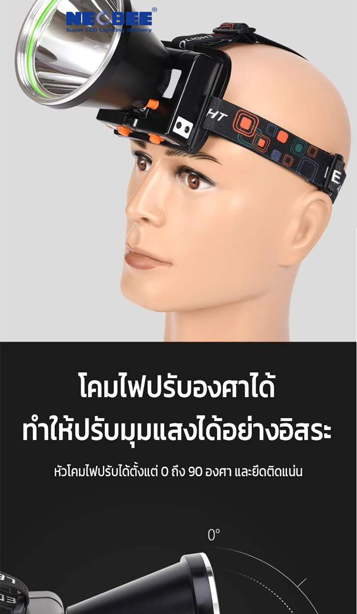 NEOBEE ไฟฉายคาดหัวกันน้ำ LED แสงขาวเหลือ วงแสงกว้างพู่งไกล D013 ...