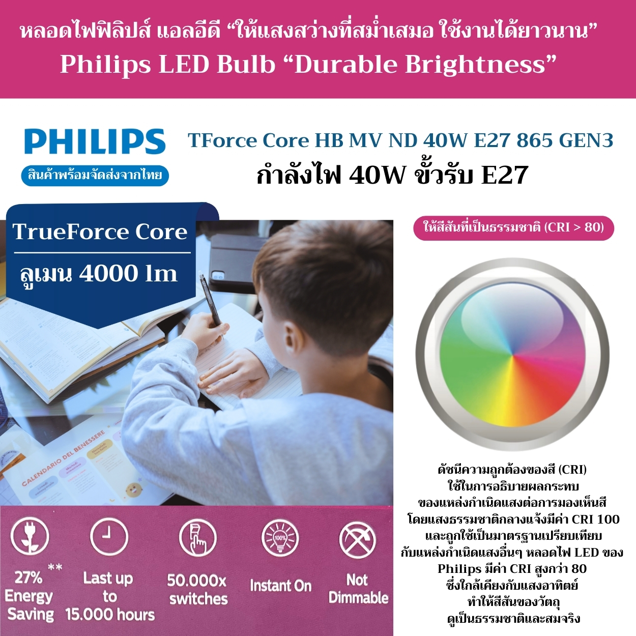PHILIPS หลอดไฟแอลอีดี TrueForce Core LED Bulb Durable Brightness 40W ...