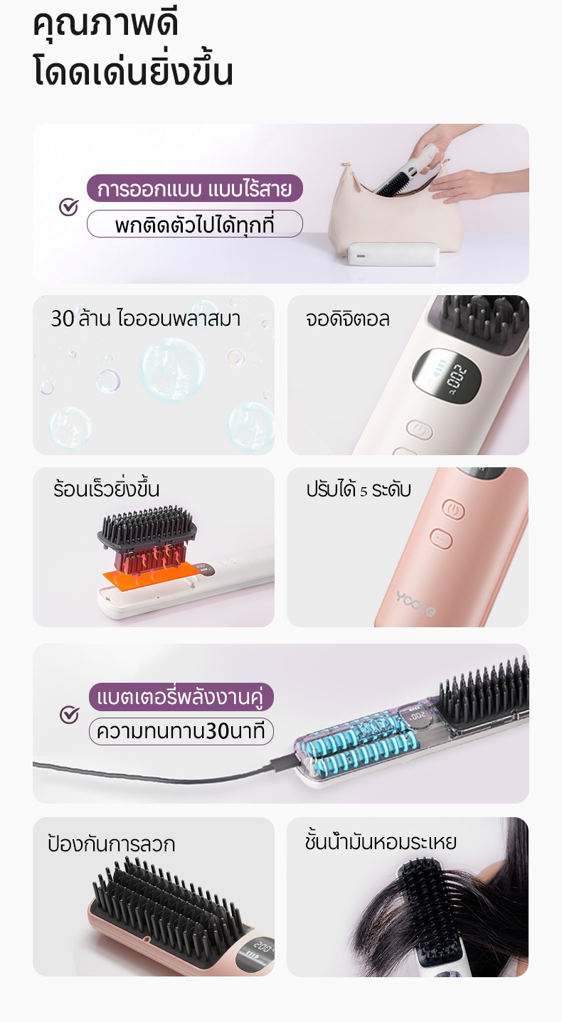 Yoole Y101 Hair Straightening Brush ยูเลอร์ หวีไฟฟ้าไร้สาย แปรงยืดผมไฟฟ้า พกพาสะดวก มีไอออนบำรุงเส้นผม