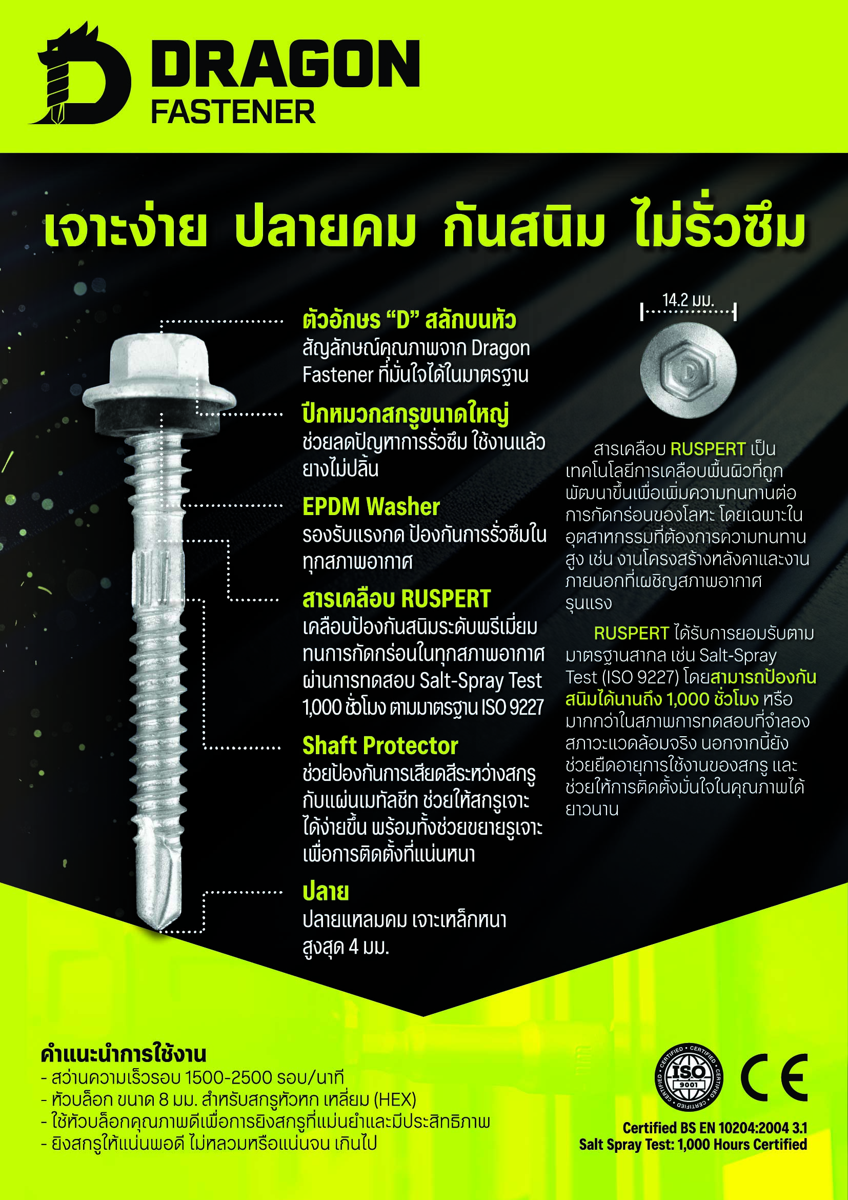 Dragon Fastener สกรูยิงเมทัลชีท Class3 (100ตัว) ปลายสว่านพร้อมแหวนยาง ...