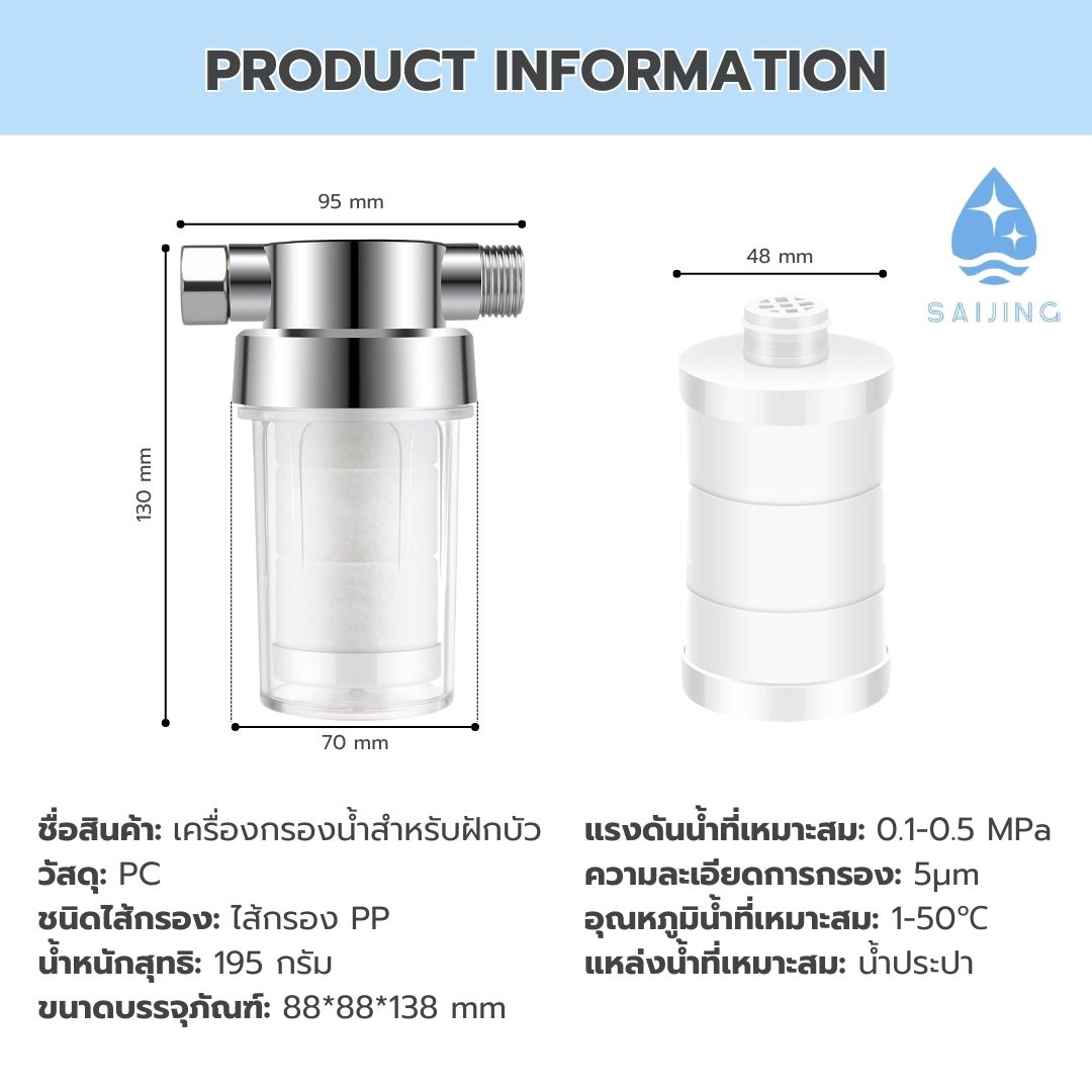 SAIJING (ใสจริง) กรองน้ำฝักบัวพร้อมไส้กรอง 15ชั้น/คาร์บอน/กำจัดคลอรีน ...