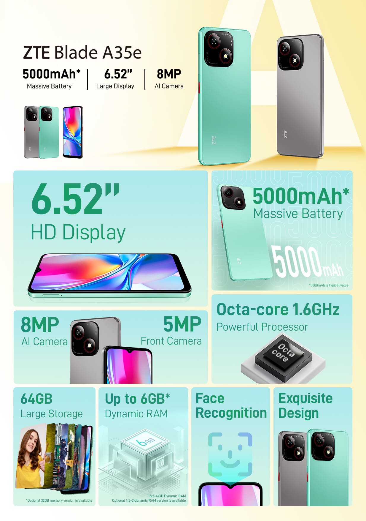 ใหม่ล่าสุด! ZTE Blade A35e (2+64GB) AI Camera สมาร์ทโฟน หน้าจอ