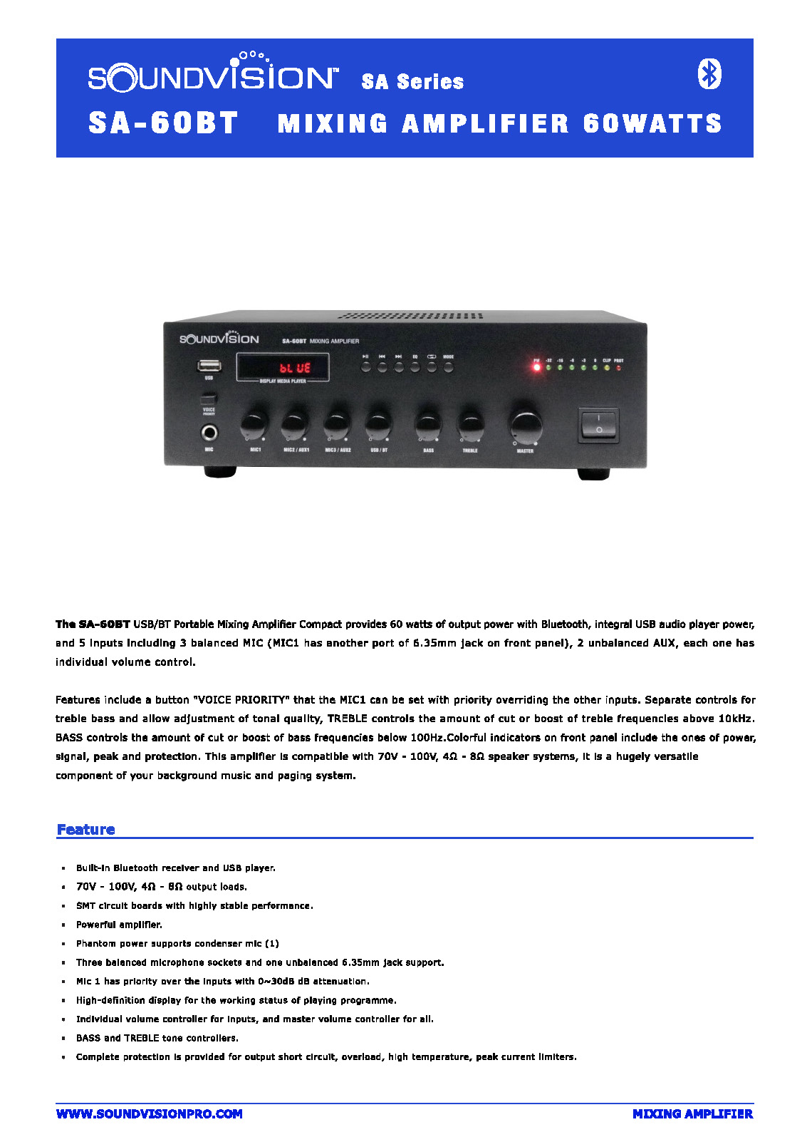 Power Mixer Soundvision SA-60BT 60W เพาเวอร์มิกเซอร์ 5 ช่อง มี Volt ...