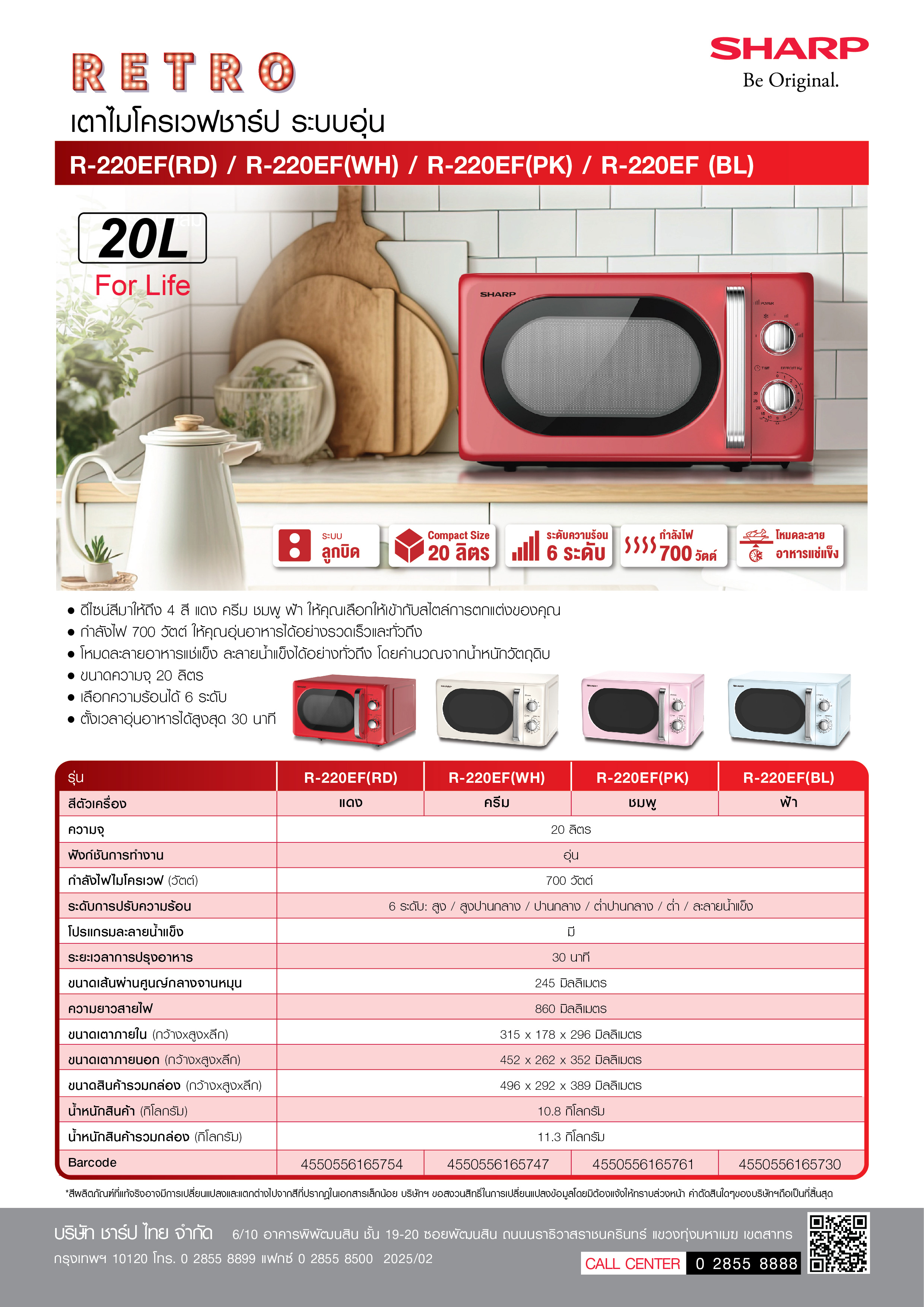 SHARP Microwave ไมโครเวฟ รุ่น R-220EF Retro สีครีม สีชมพู สีฟ้า ขนาด 20 ...
