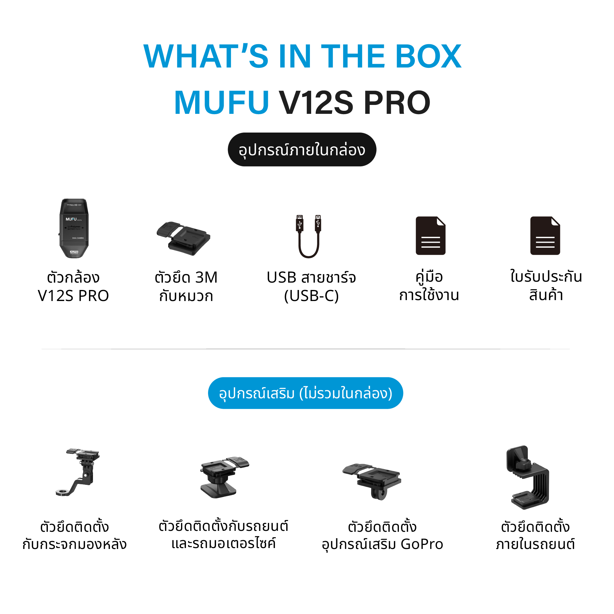 MUFU V12S PRO กล้องติดหมวกกันน็อค ใช้งานต่อเนื่อง10ชม กล้องติดรถยนต์ กันน้ำ IP66 Wifi 1080P WDR รับประกันสินค้า1ปี