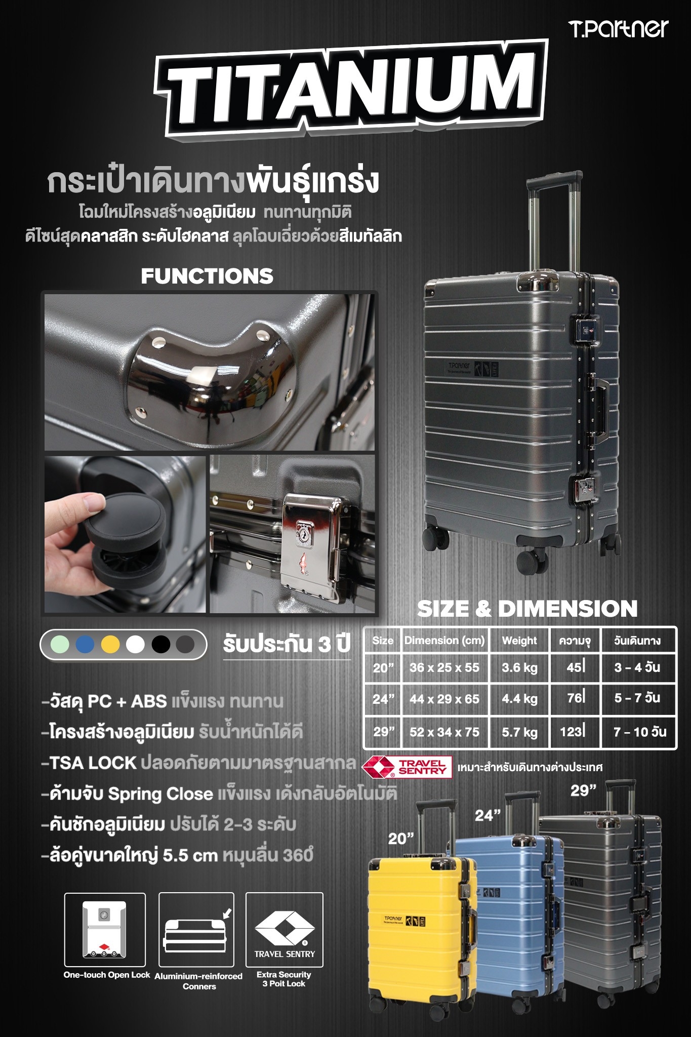 Tpartner รุ่น Titanium กระเป๋าเดินทางโครงสร้างอลูมิเนียม เสริมมุมกันกระแทก แข็งแรงทนทานทุกมิติ พร้อมระบบ TSA Lock One touch ใช้งานง่าย
