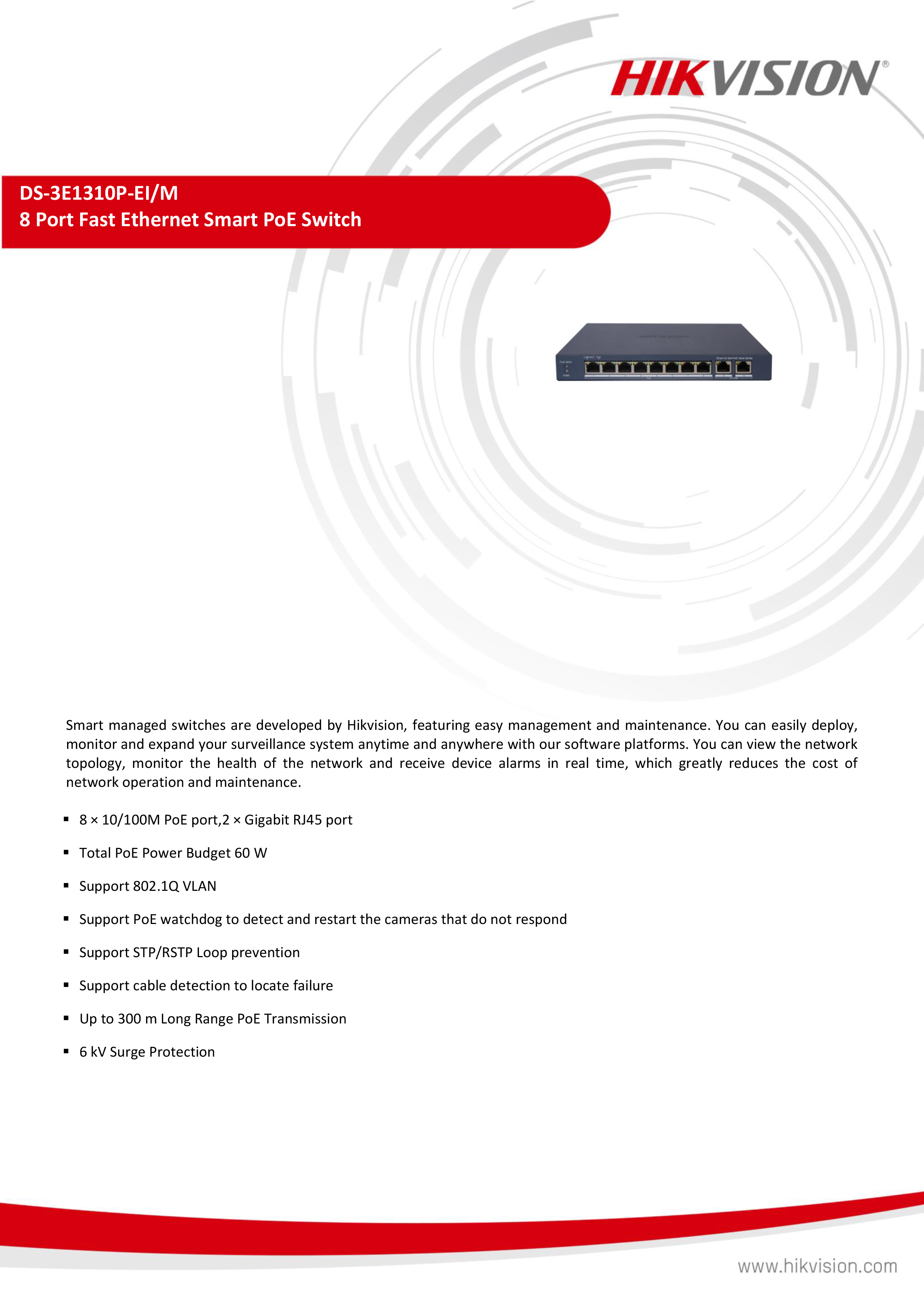 HIKVISION DS-3E1310P-EI/M : 8 Port Fast Ethernet Smart POE Switch BY ...