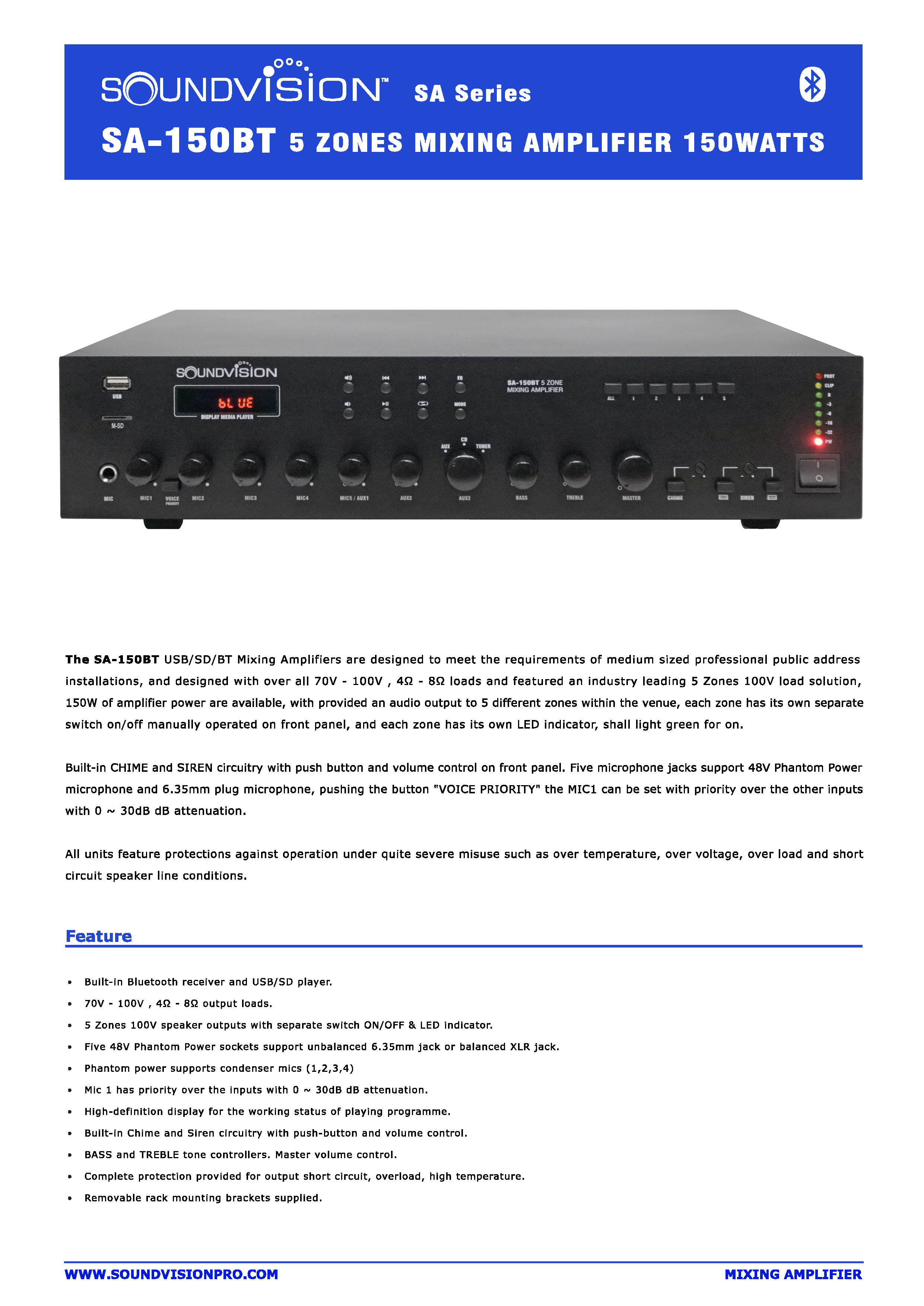 Power Mixer Soundvision SA-150BT 150W เพาเวอร์มิกเซอร์ 7 ช่อง มี Volt ...