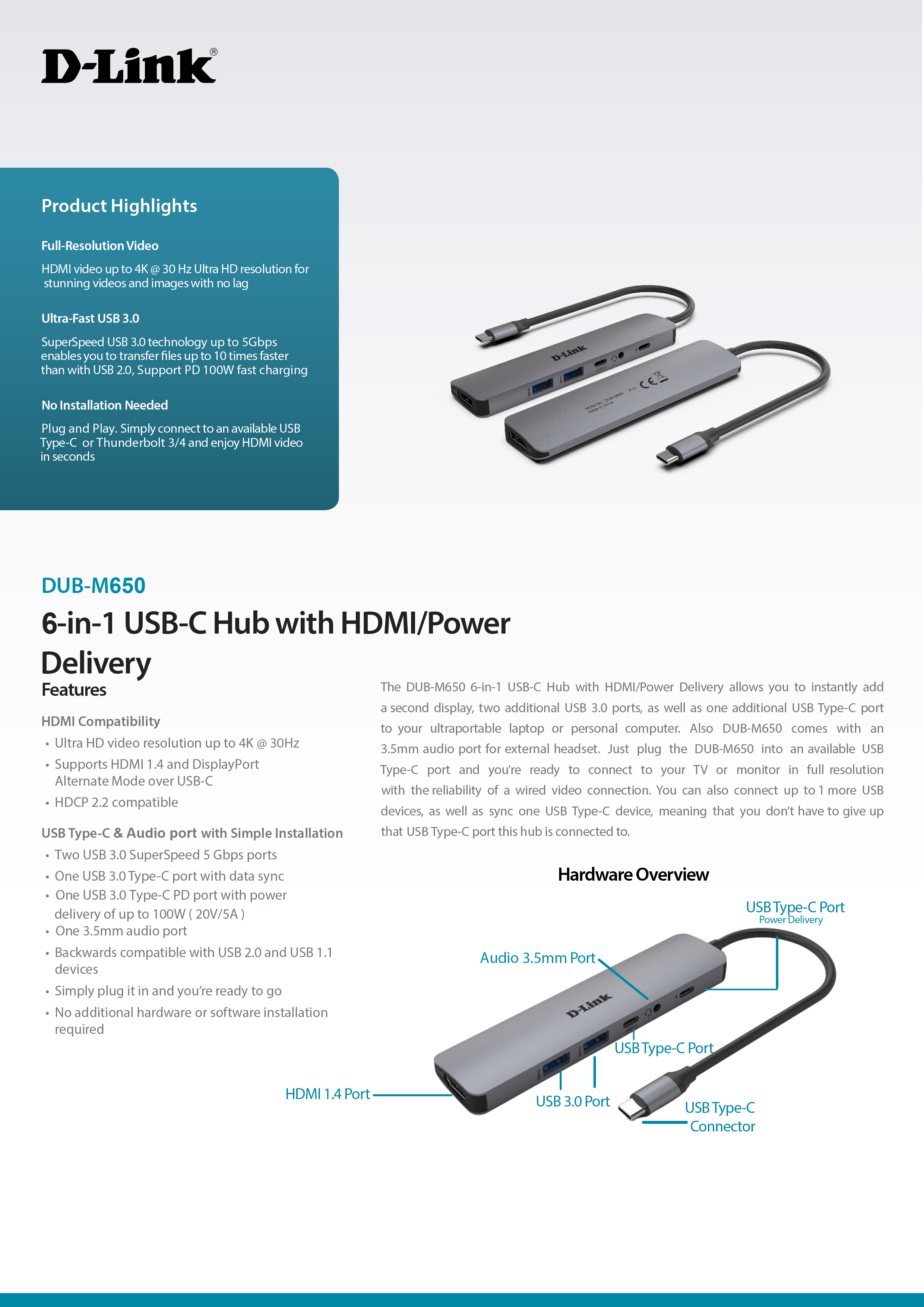 D-LINK DUB-M650 : 6-in-1 USB-C Hub with HDMI/Power Delivery BY ...