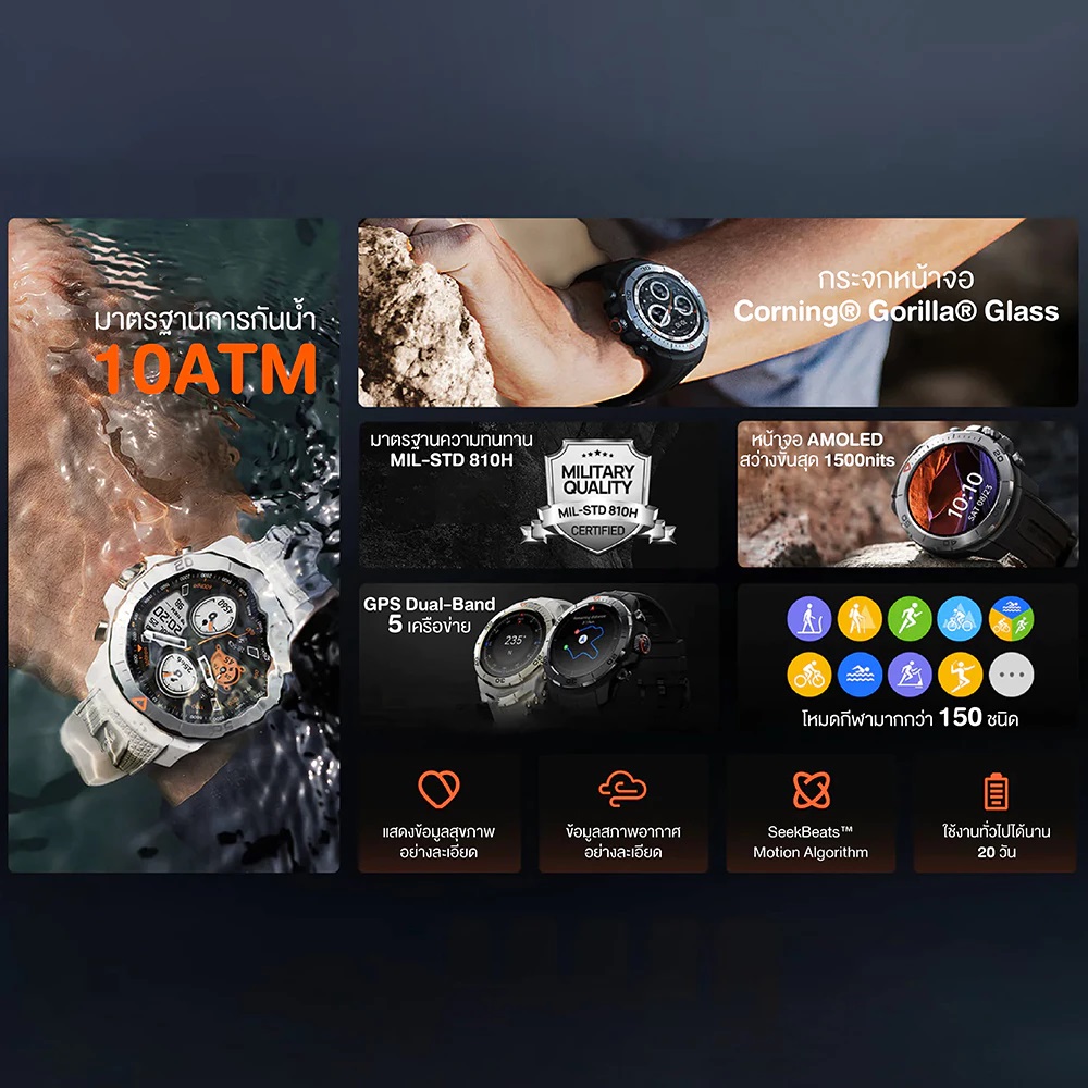Mibro Watch GS Explorer สมาร์ทวอทช์ GPS ในตัว กันน้ำ 10ATM AMOLED 60Hz สว่าง 1500 Nit