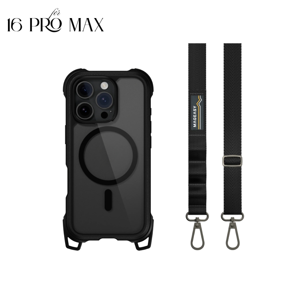 MAGEASY Compatible With IPhone 17 Pro Max 6.9" Case With Wrist Strap & Finger Loop - Scarf-Bracelet, Premium Leather, MagSafe Compatible, 16 Ft Military-Grade Drop Protection - Foulard M (Midnight