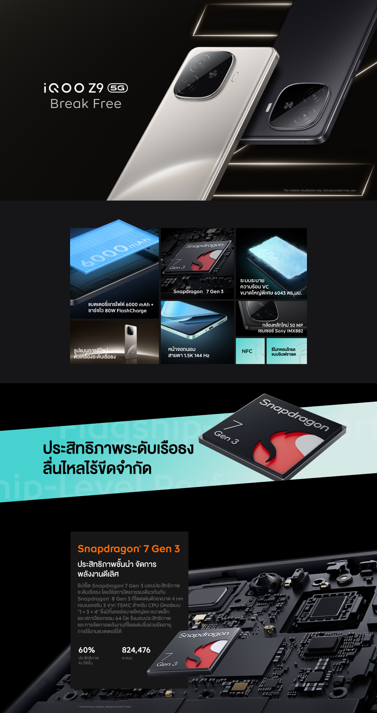 iQOO Z9 5G (12GB+256GB) มือถือไอคูล Snapdragon7 Gen3 | 6000mAh+80w | จอ1.5K รีเฟรชเรท 144Hz