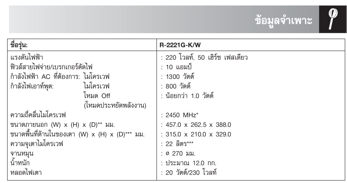 ไมโครเวฟ SHARP รุ่น R-2221G-K ความจุ 22 ลิตร สีดำ ขนาด 800 วัตต์ ต้ม ...