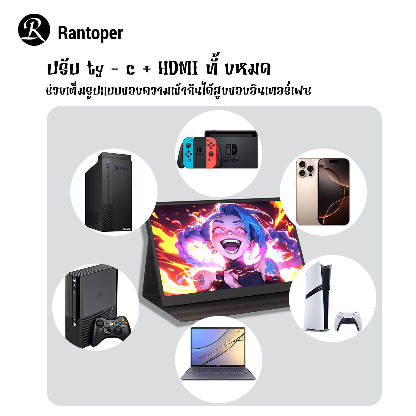 Rantoper 15.6 นิ้วจอภาพ Full HD 1080P แบบพกพาพร้อมลำโพงรองรับสาย HDMI ...