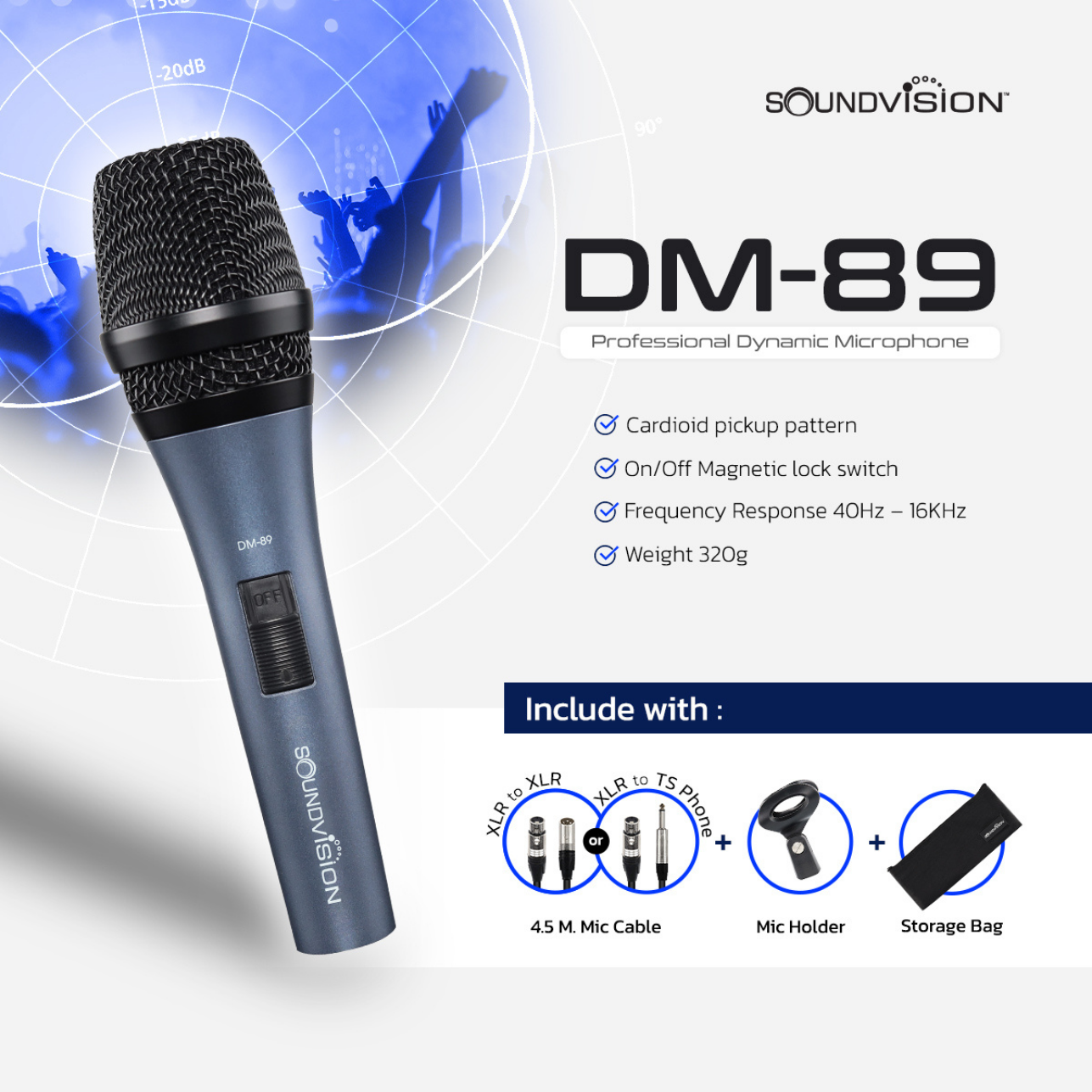 SOUNDVISION DM-89 Dynamic Microphone ไมโครโฟนแบบสาย ไดนามิก มี ที่ยึด ...