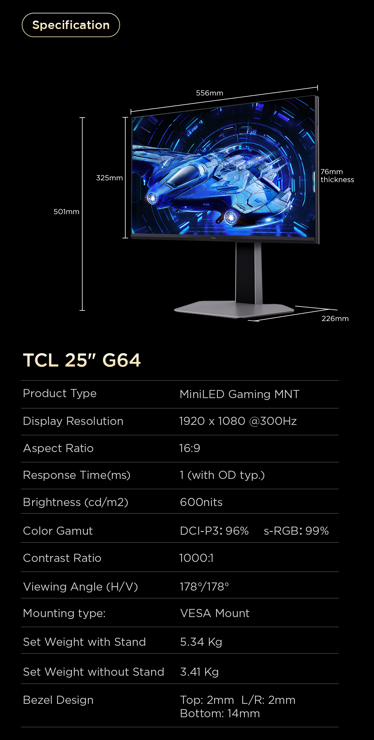 TCL QD-MiniLED Gaming Monitor 25 นิ้ว รุ่น 25G64 FHD 300 Hz, 1ms (GTG ...