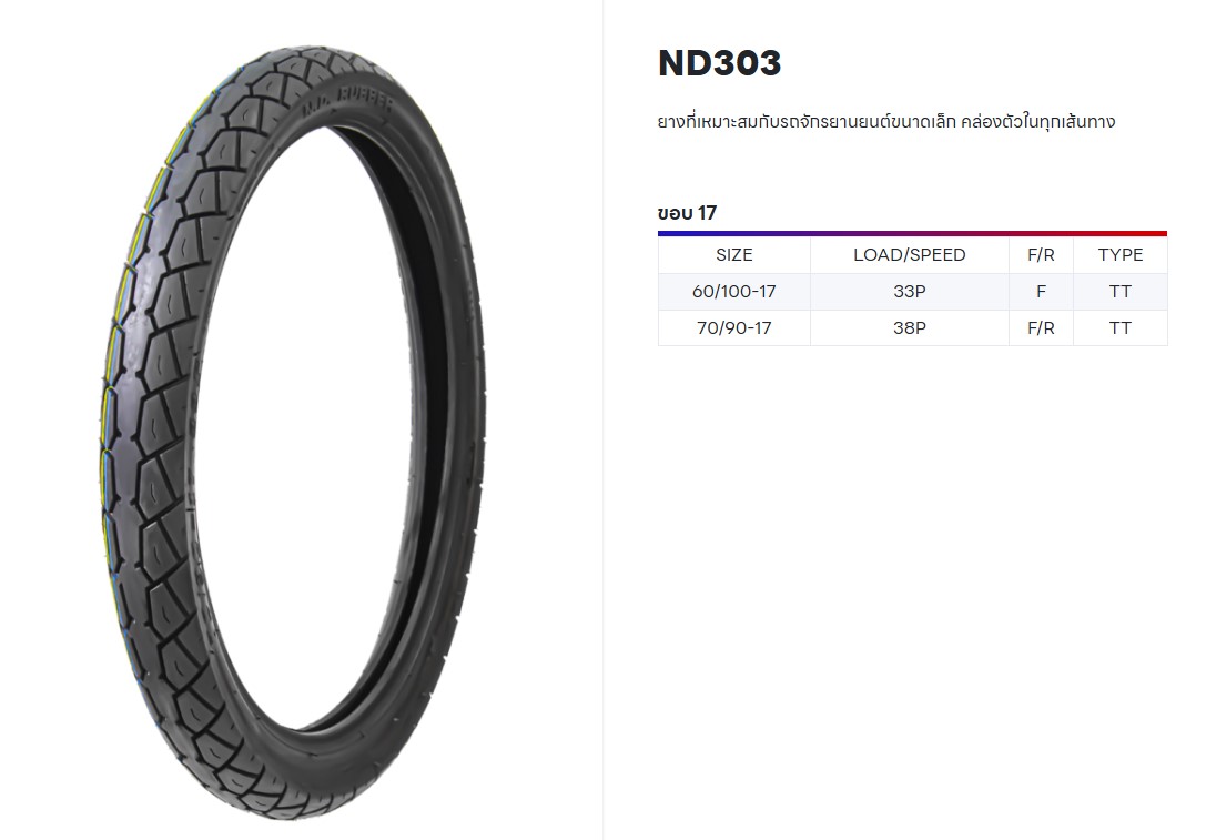 ยางมอเตอร์ไซค์ ND Rubber รุ่น ND303 ขอบ 17 ลายเวฟ | Shopee Thailand