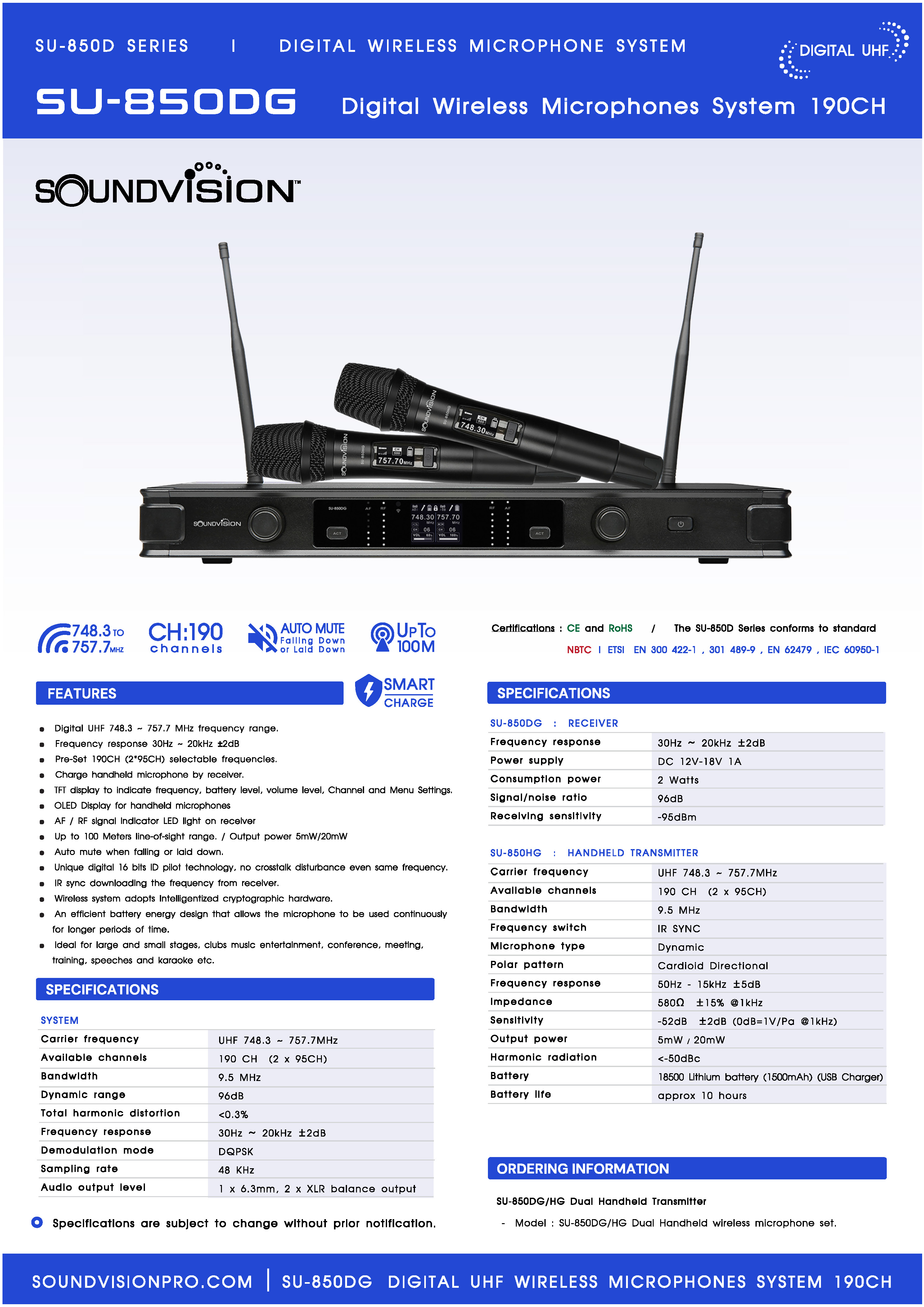 Wireless Microphone Soundvision SU-850DG มือถือ 2 ตัว 2 เสา UHF 748.3 ...