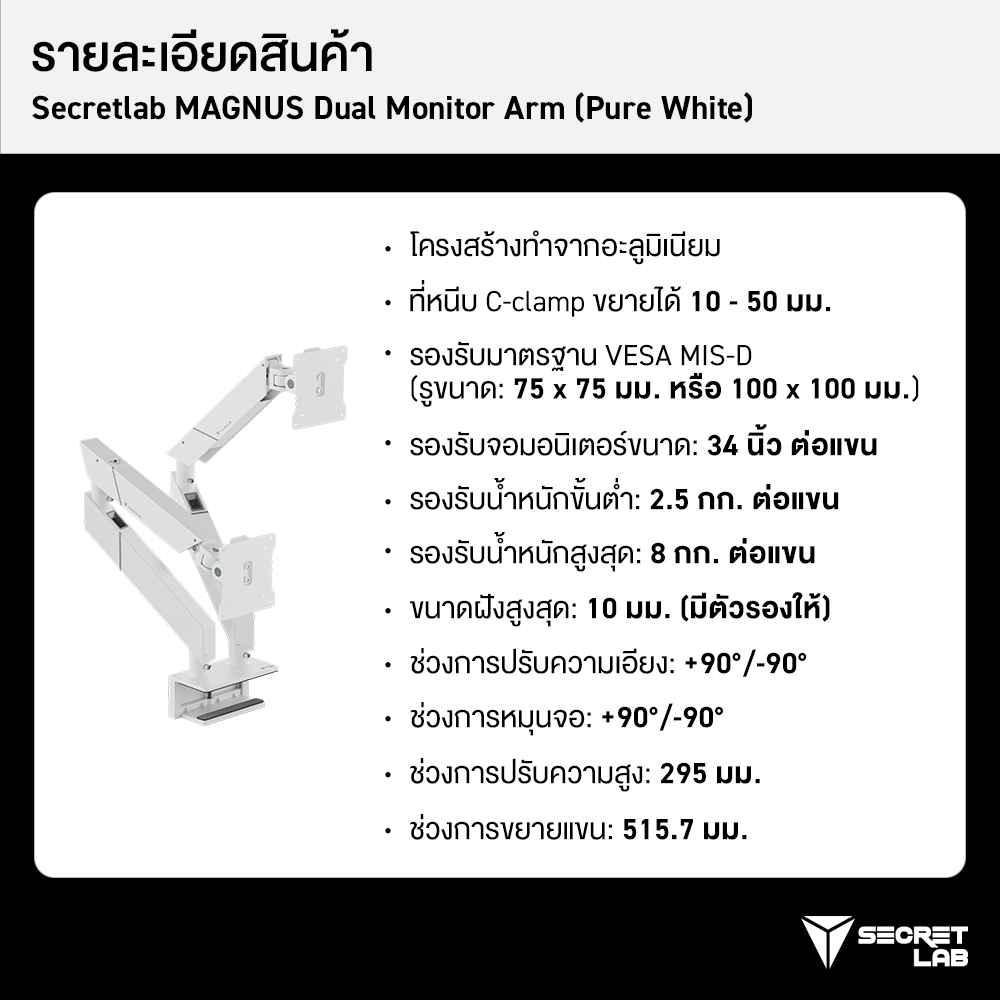 Secretlab MAGNUS Dual Monitor Arm (White) — แขนยึดจอมอนิเตอร์แบบคู่ ...
