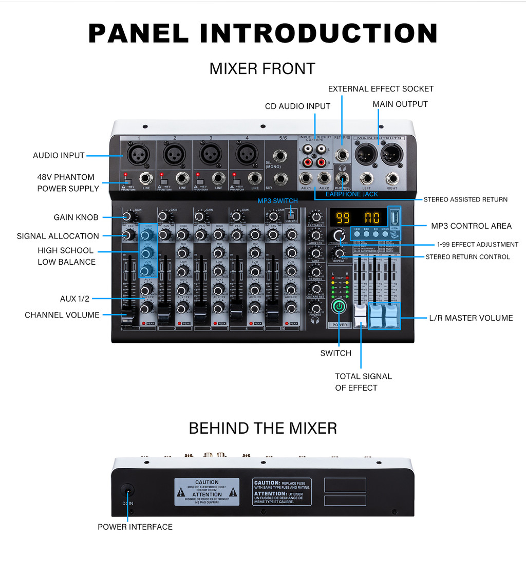 มิกเซอร์ 4/6 ช่อง, มิกเซอร์เสียง DSP99, เอฟเฟกต์เสียงก้อง, บลูทูธ, USB ...