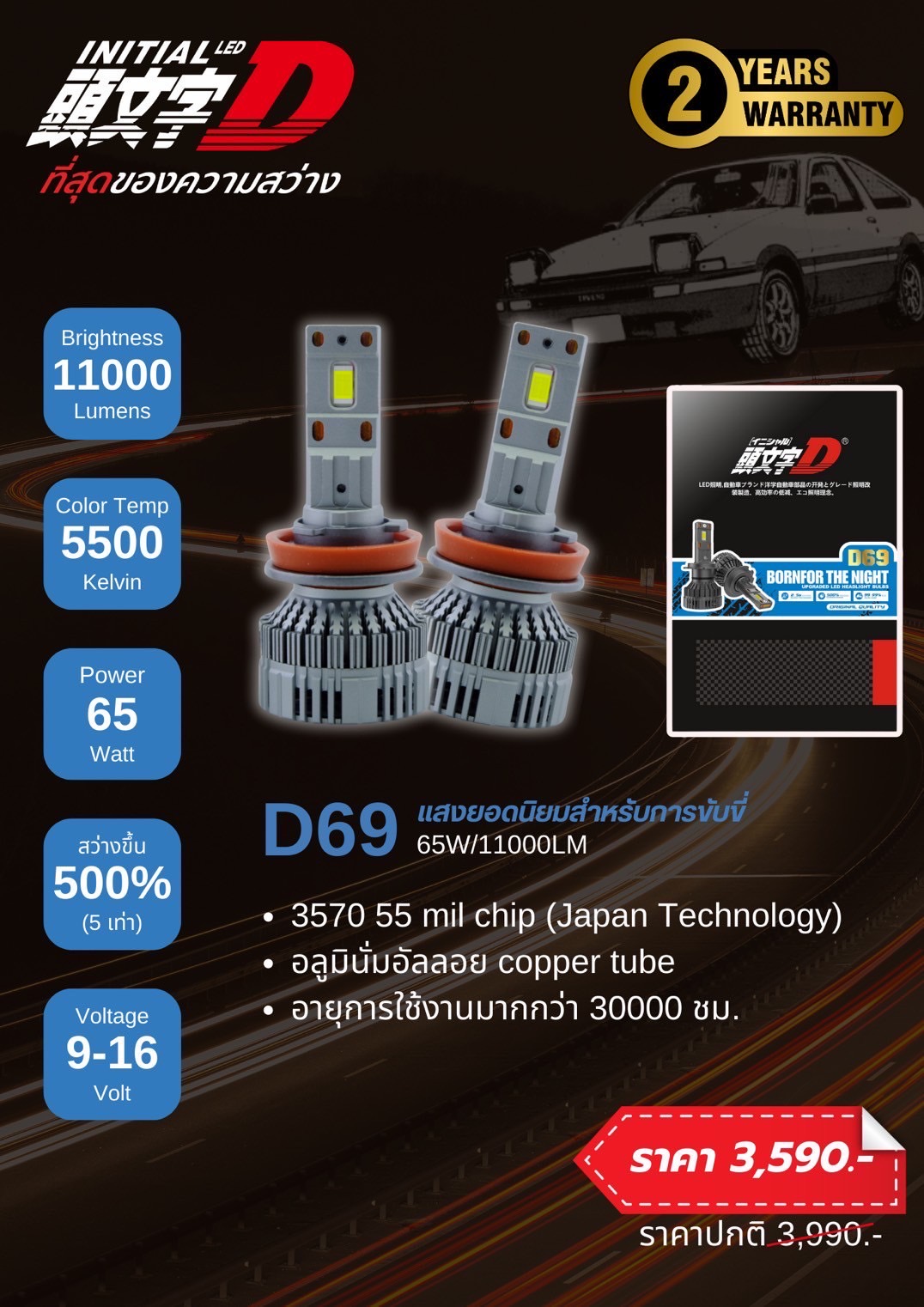 หลอดไฟหน้า Initial D Car headlight bulbs LED ขั้วไฟ 9005 9006 H4 H7 H11 ...