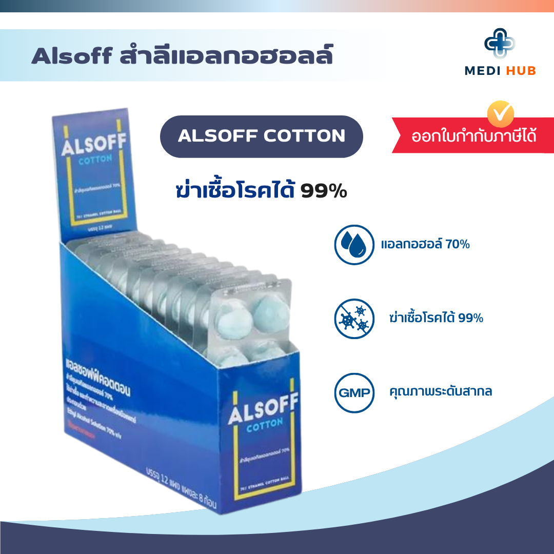 สำลีชุบแอลกอฮอล์ Alsoff (ยกกล่อง 12 แผง) 70% Alcohol Cotton Ball 70% ทำ ...