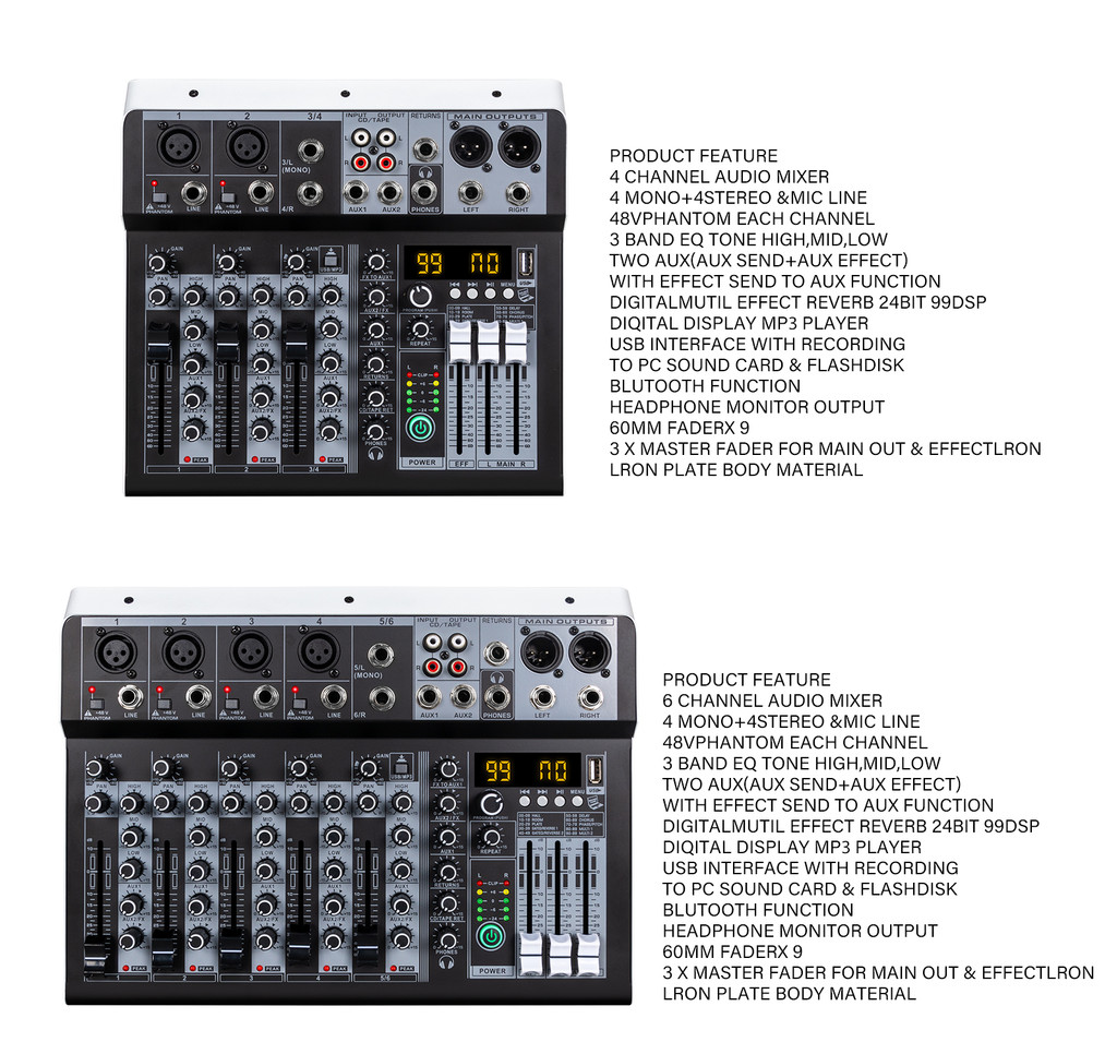มิกเซอร์ 4/6 ช่อง, มิกเซอร์เสียง DSP99, เอฟเฟกต์เสียงก้อง, บลูทูธ, USB ...
