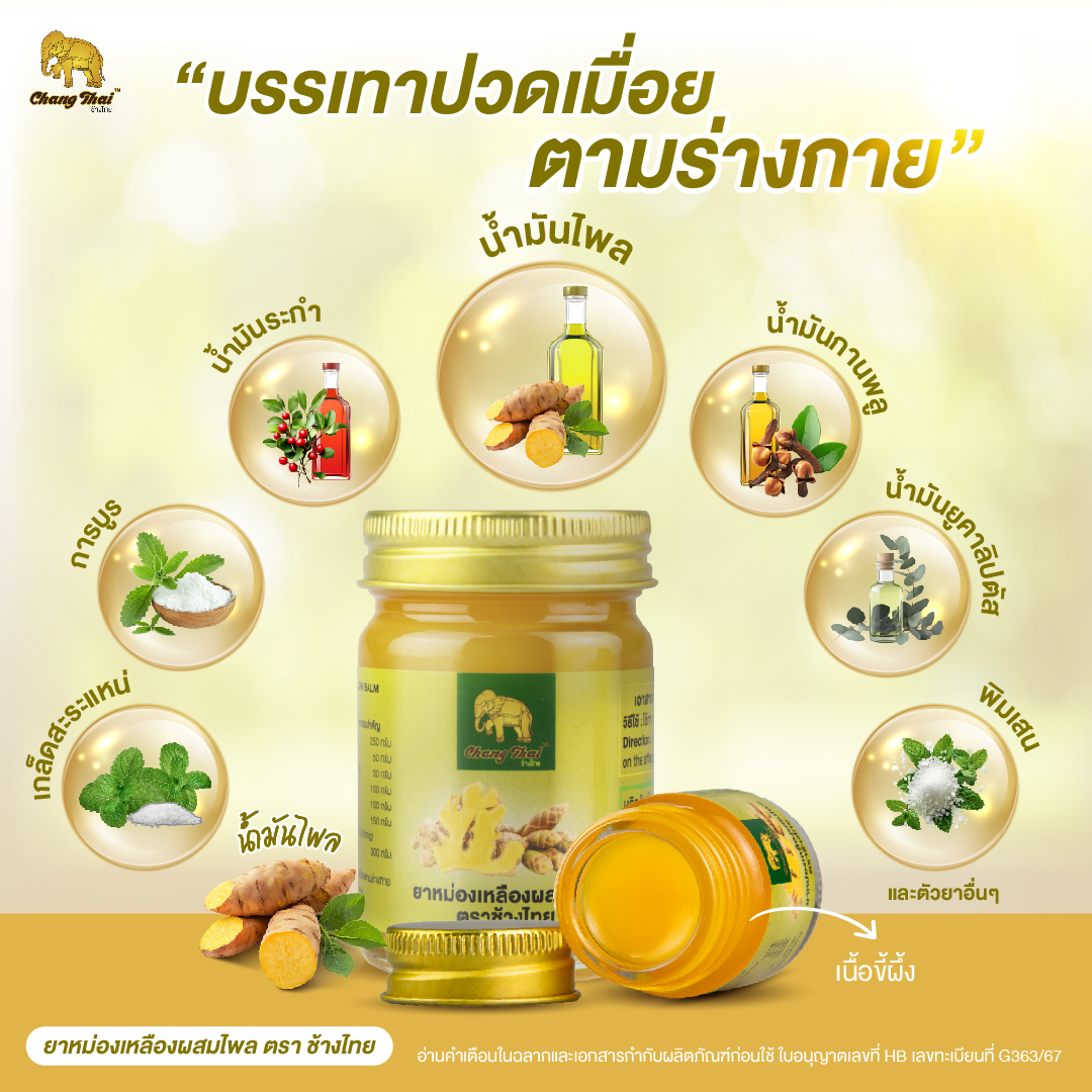 ยาหม่องสีเหลืองผสมไพร ตราช้างไทย บรรเทาอาการปวดเมื่อยตามร่างกาย ฟกช้ำ ...