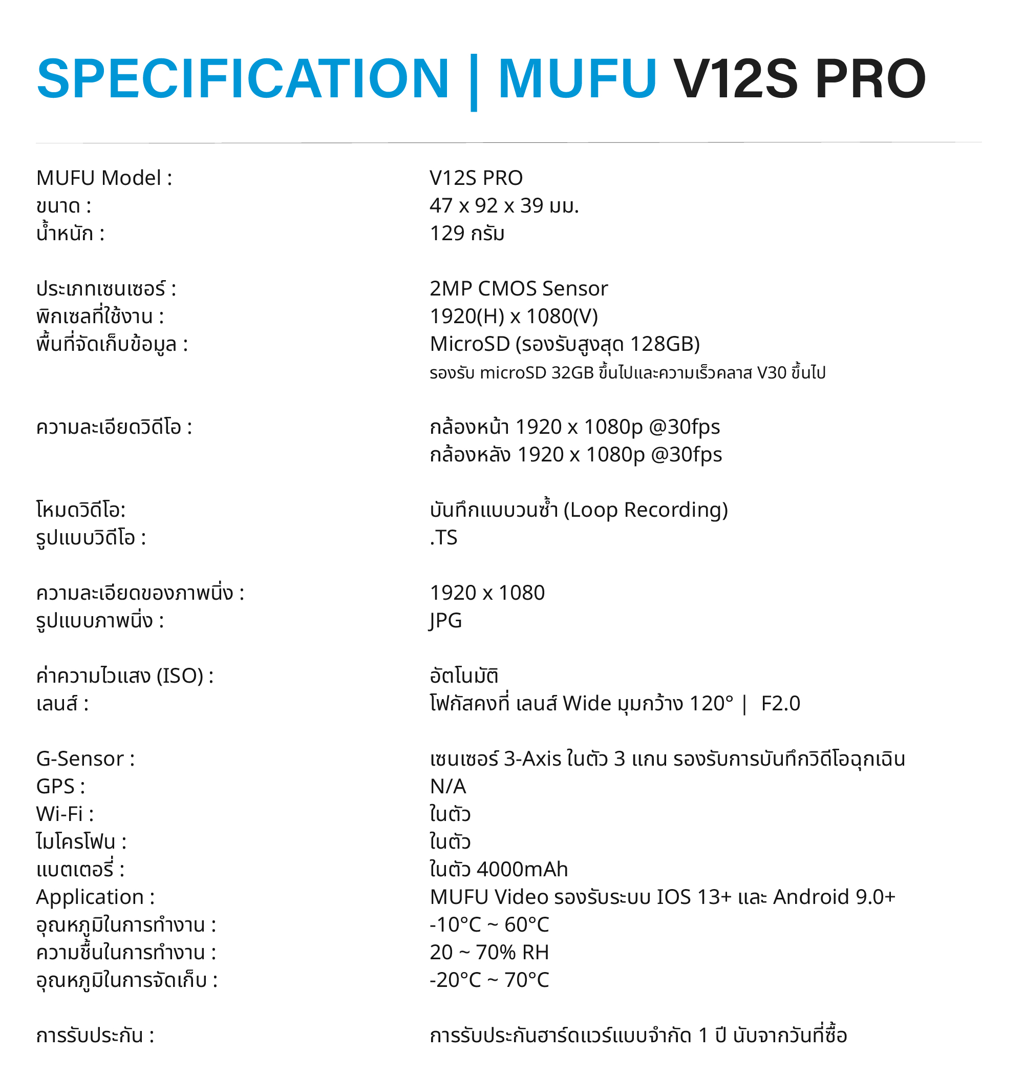 MUFU V12S PRO กล้องติดหมวกกันน็อค ใช้งานต่อเนื่อง10ชม กล้องติดรถยนต์ กันน้ำ IP66 Wifi 1080P WDR รับประกันสินค้า1ปี