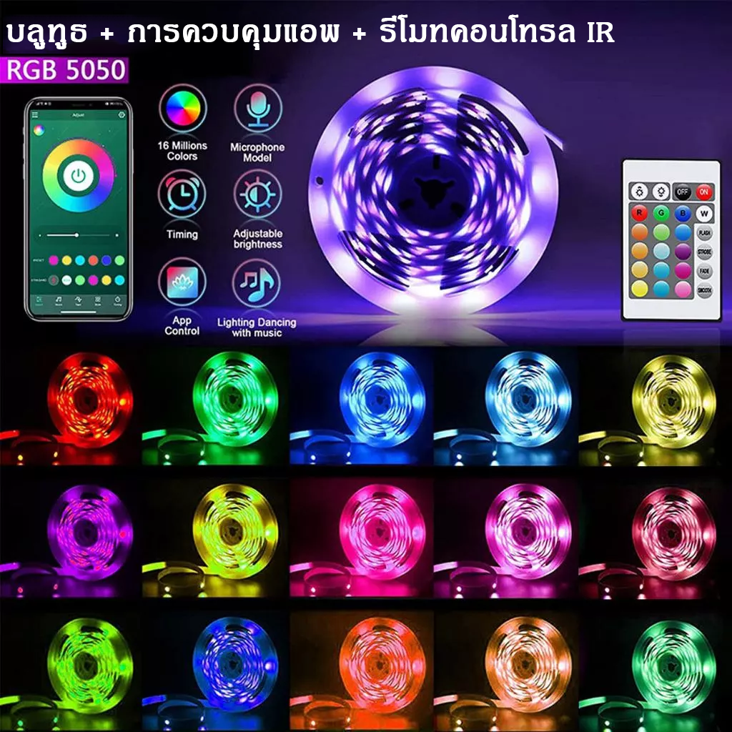 แถบแสง RGB ไฟแต่งห้อง ไฟติดห้อง ไฟ LEDแบบเสน รีโมทคอนโทรล 24ปุ บลูทูธ ...