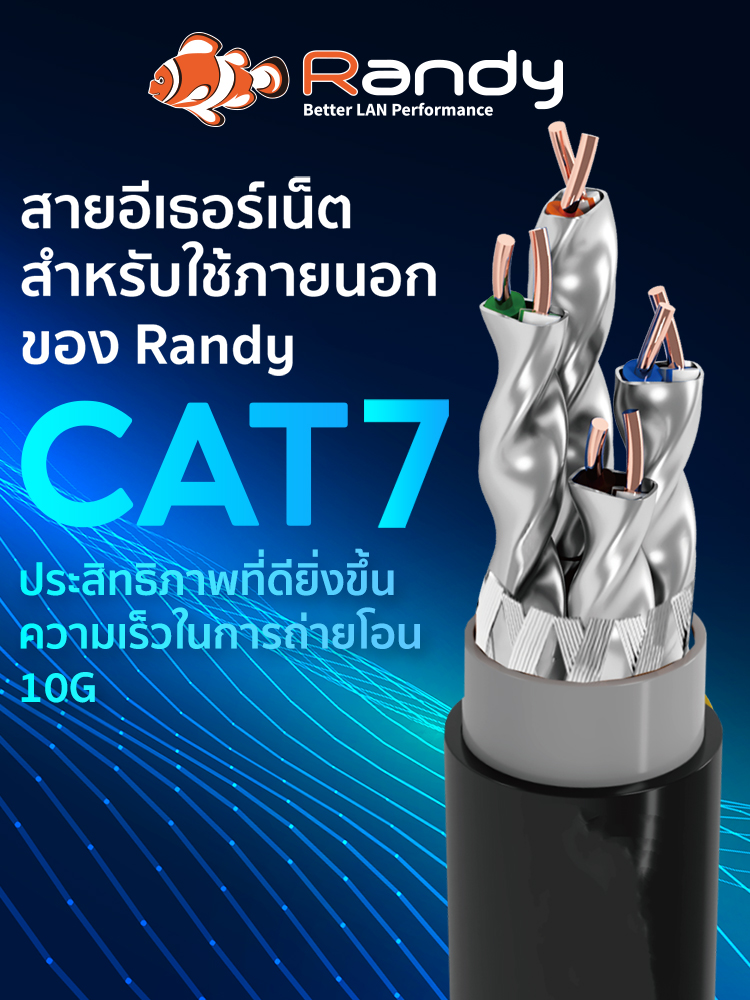 RANDYสายแลนCAT7 ทองแดงOFC100% ยาว305M S/FTP แจ็คเก็ต2ชั้น PE+PVC ทนแดด ...