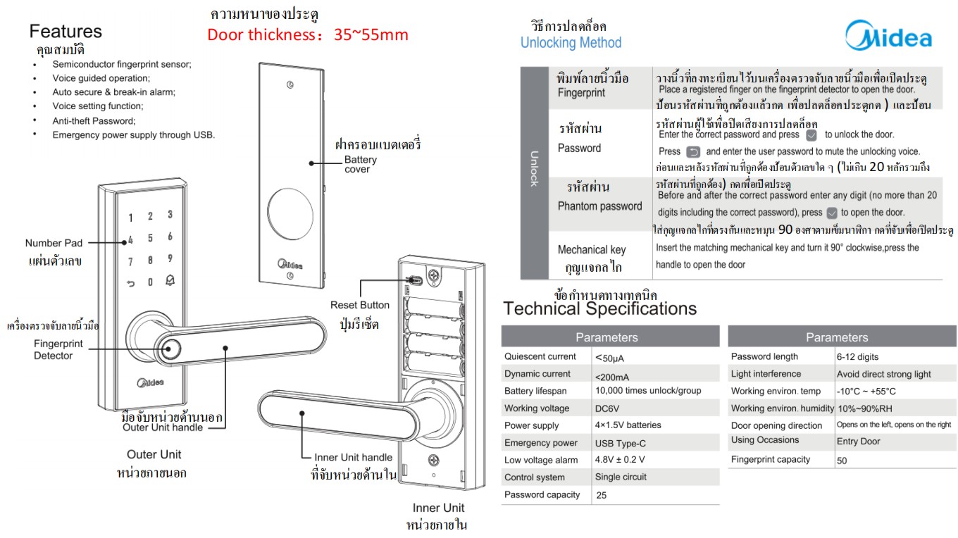 Midea Smart Door Lock รุ่น BF 205 สมาร์ทล็อค ล็อคอิเล็กทรอนิกส์ กลอน ...