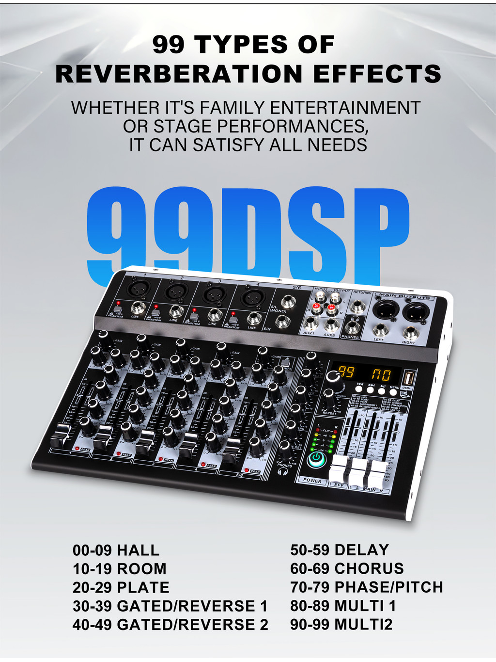 มิกเซอร์ 4/6 ช่อง, มิกเซอร์เสียง DSP99, เอฟเฟกต์เสียงก้อง, บลูทูธ, USB ...