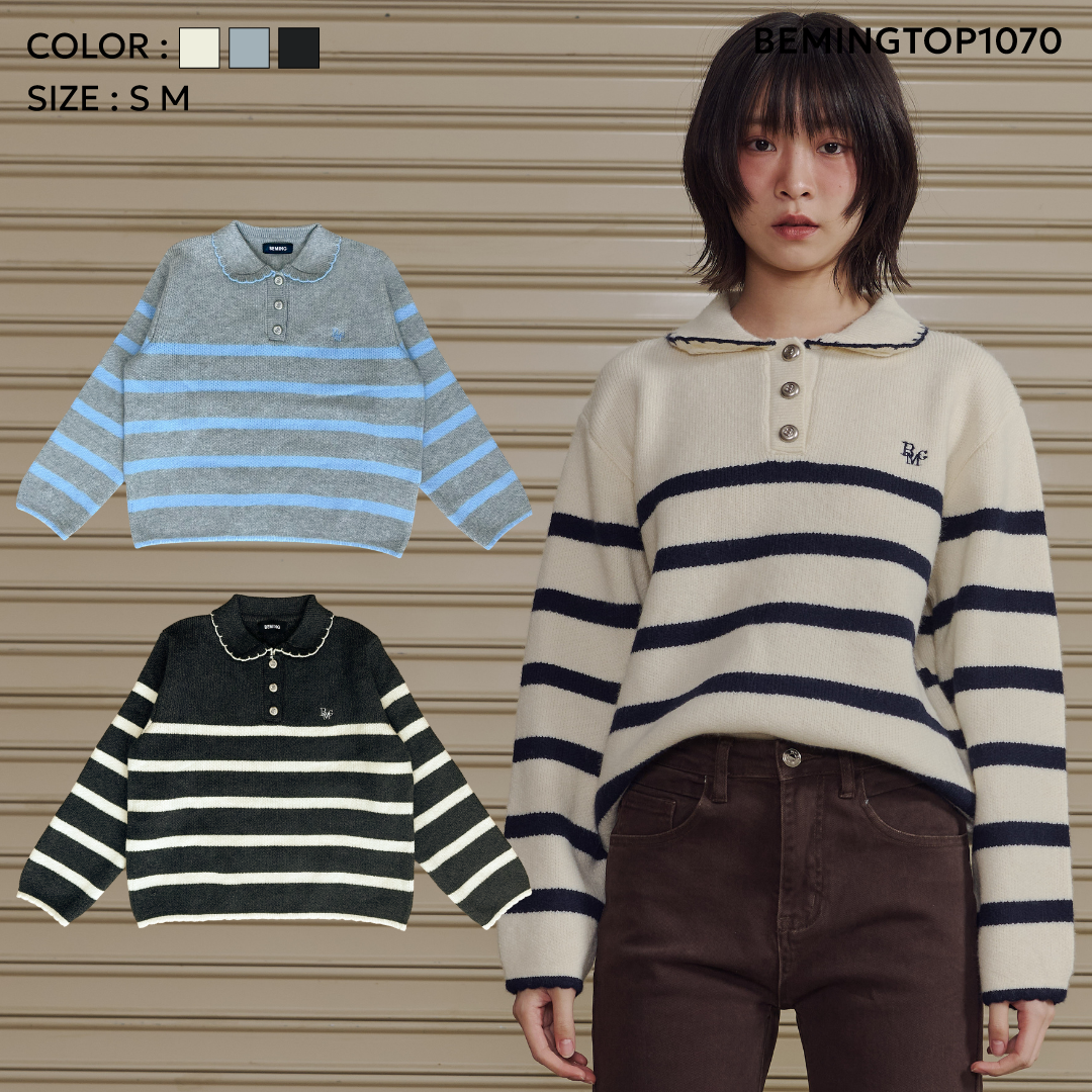 Bemingtop1070(S-M)-BMG Cozy Striped Polo - เสื้อโปโลไหมพรมแขนยาวลายทาง ...