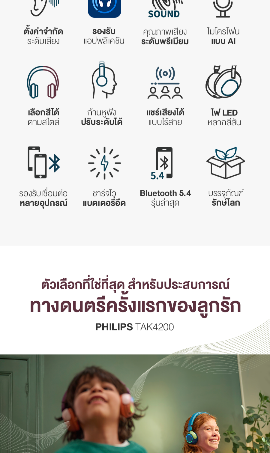 Philips หูฟังเด็ก Wireless Bluetooth Kids Headphone จำกัดเสียง 85dB LED ...