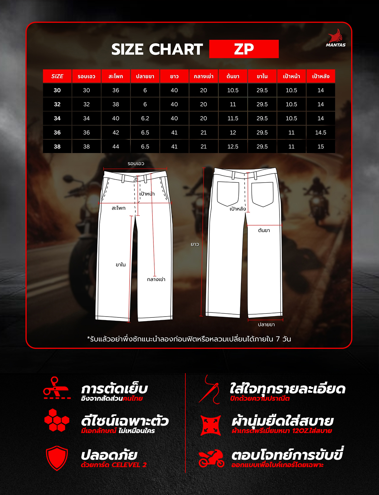 กางเกงการ์ดแบรนด์ไทย MANTA DENIM รุ่น ZP-06 กระเป๋าซิป สีดำเข้ม ...