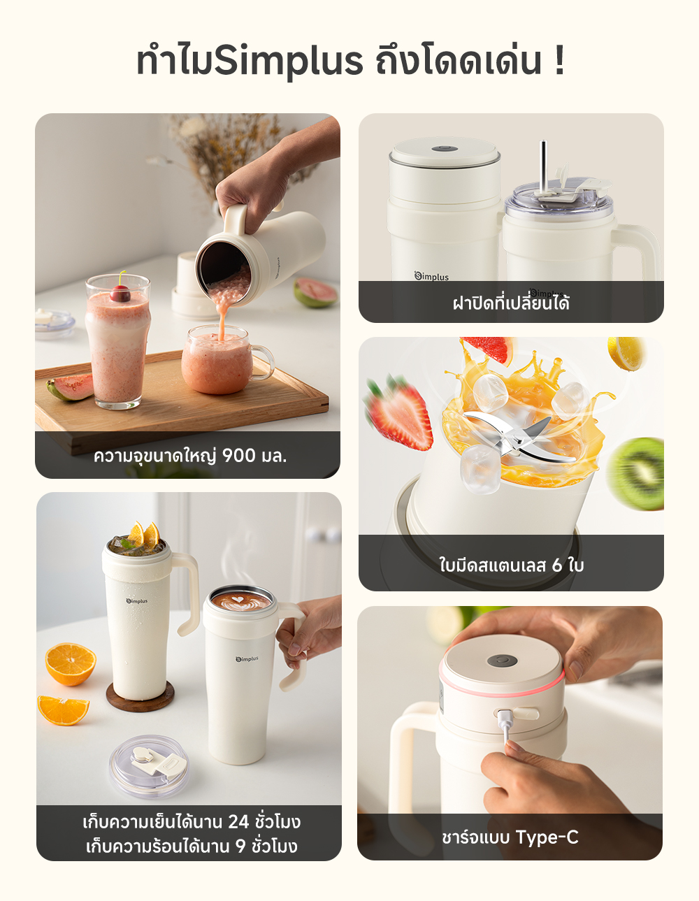 Simplus เครื่องปั่นพกพาไร้สาย 950 มล. ปั่นผลไม้ น้ำแข็งได้ เก็บความเย็น ...