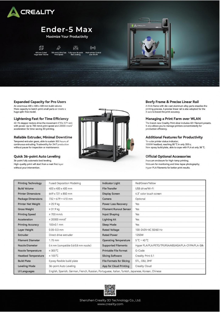 Creality Ender5 Max 3D Printer Type FDM max speed 700mm ความเร็วสูง รับ ...