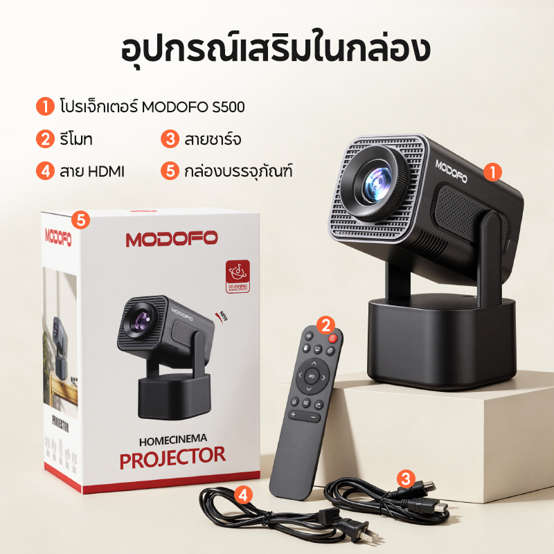 MODOFOโปรเจคเตอร์พร้อมลำโพง projector4K หมุนได้ 180° Mini Projector ดู ...