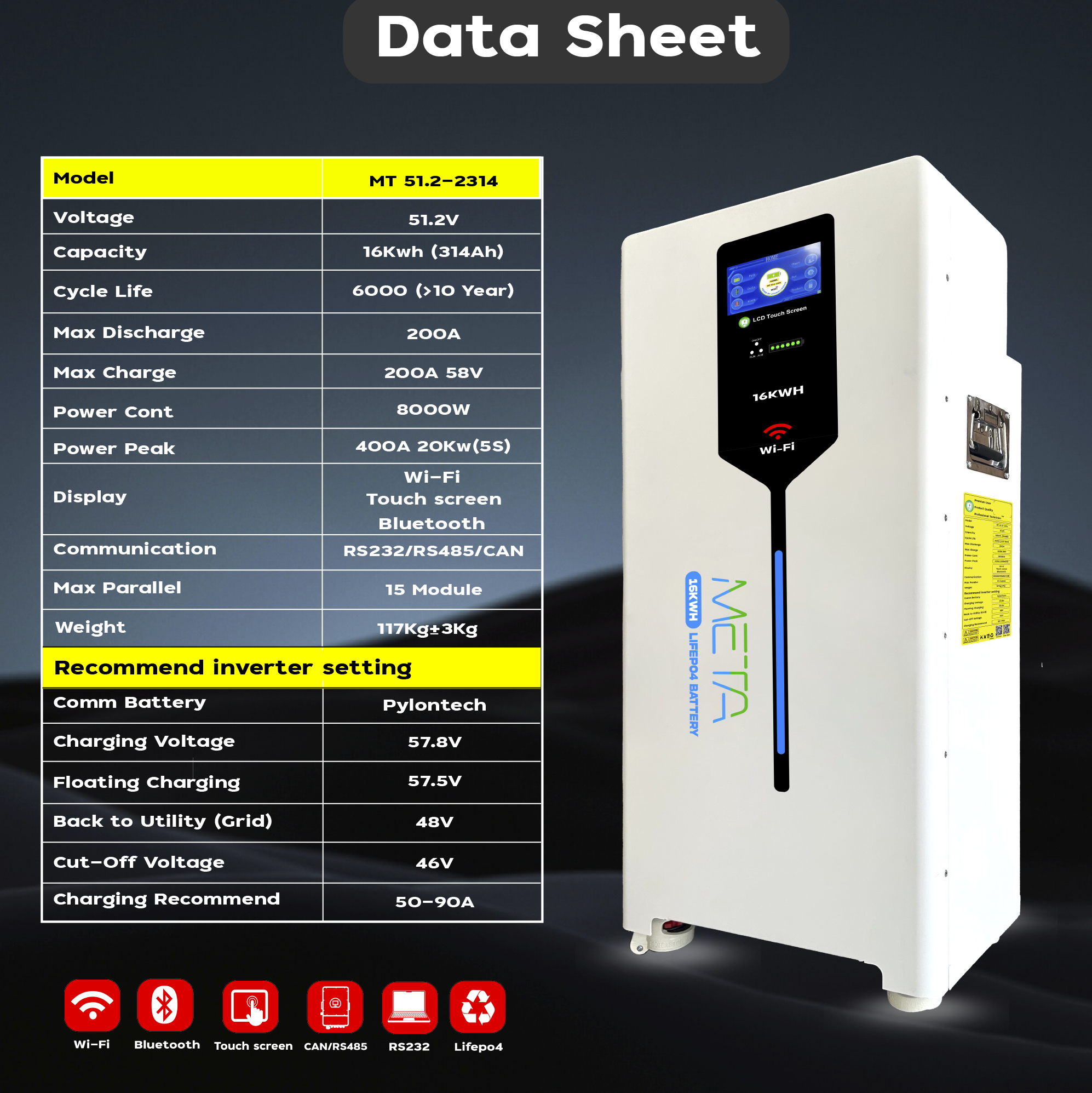 META Home Lithium Battery 51.2v 16Kwh. 314Ah.(รุ่น Wi-Fi) สำหรับเชื่อม ...