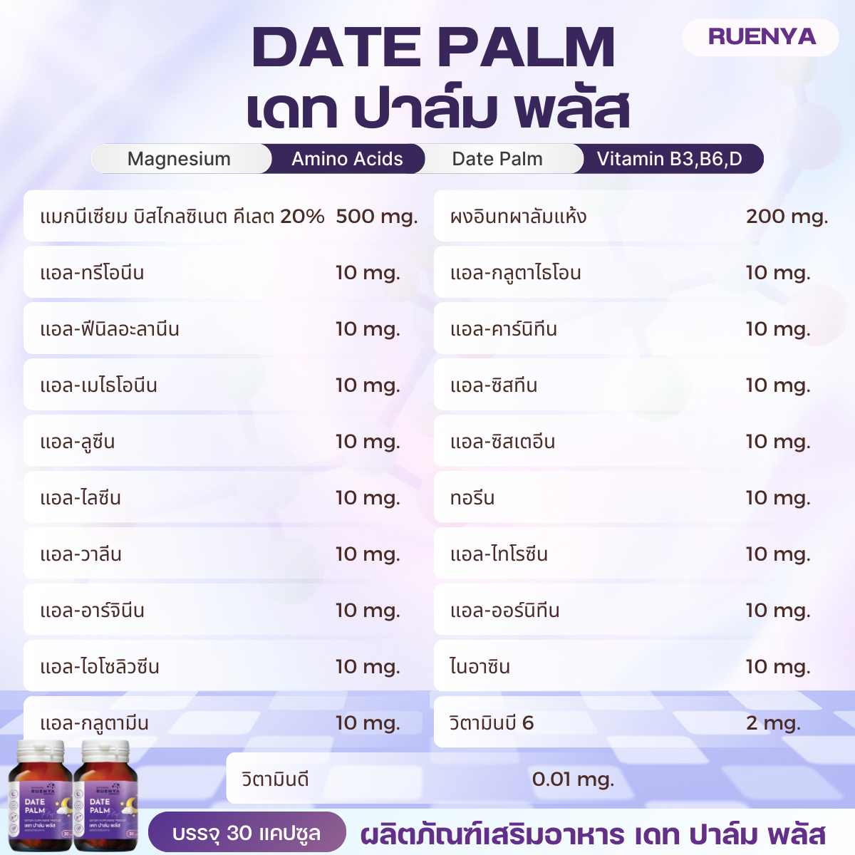1 แถม 1 (แมกนีเซียม) Date Palm Plus 30แคปซูล วิตามินคนหลับยาก มี ...