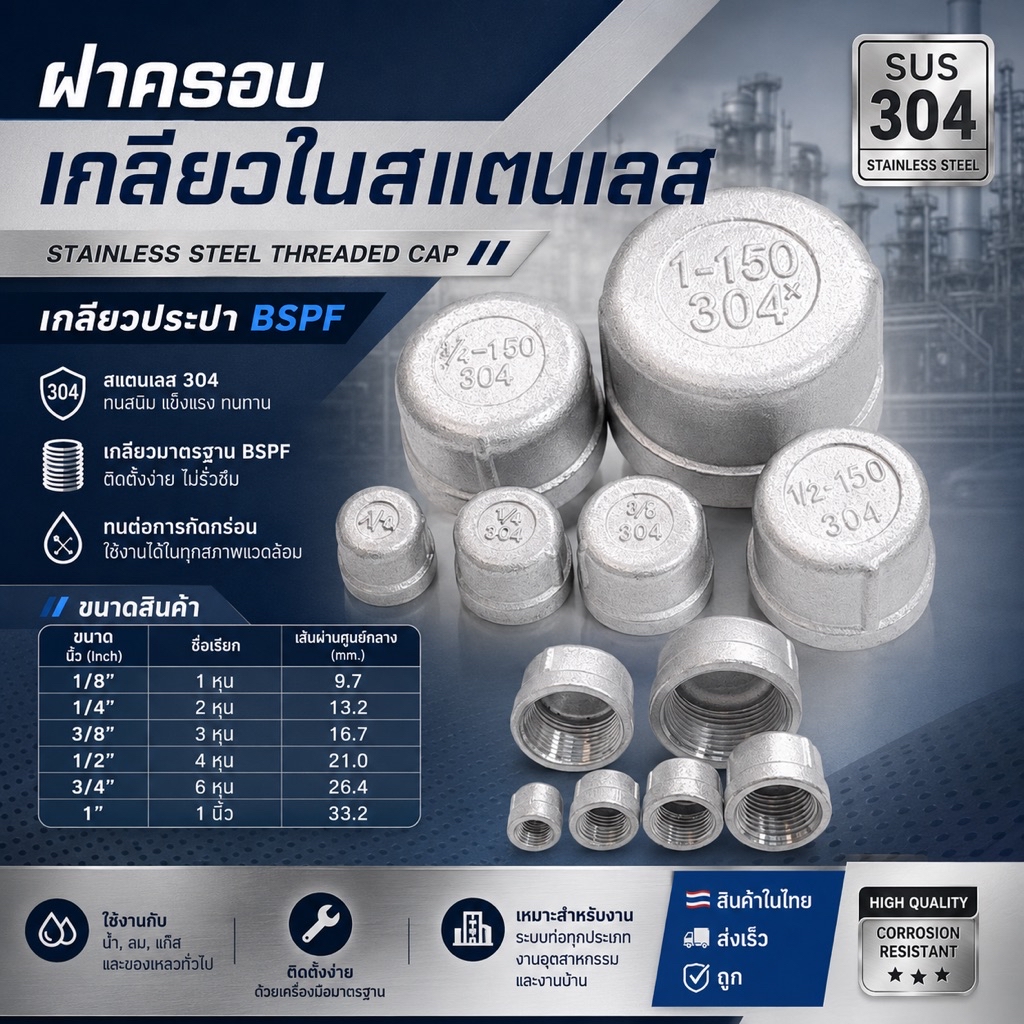 ฝาครอบเกลียวในสแตนเลส 304 แท้ (เกลียวประปา BSPF) ขนาด 1 หุน - 1 นิ้ว ...