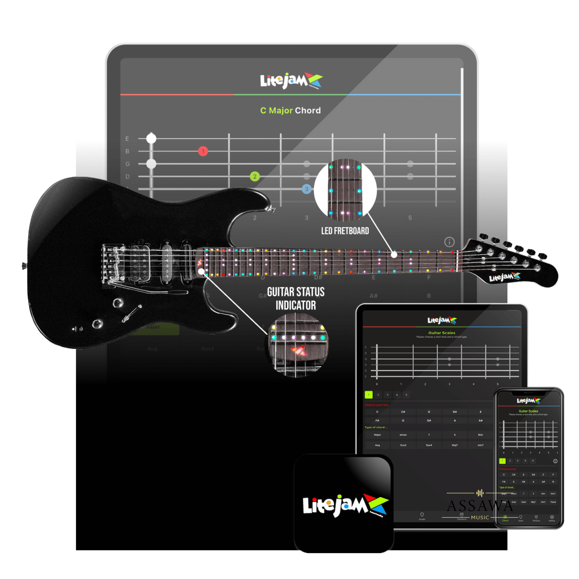 Lite Jam Smart Guitar กีตาร์ไฟฟ้าอัจฉริยะ with RGB Fretboard Learn ...