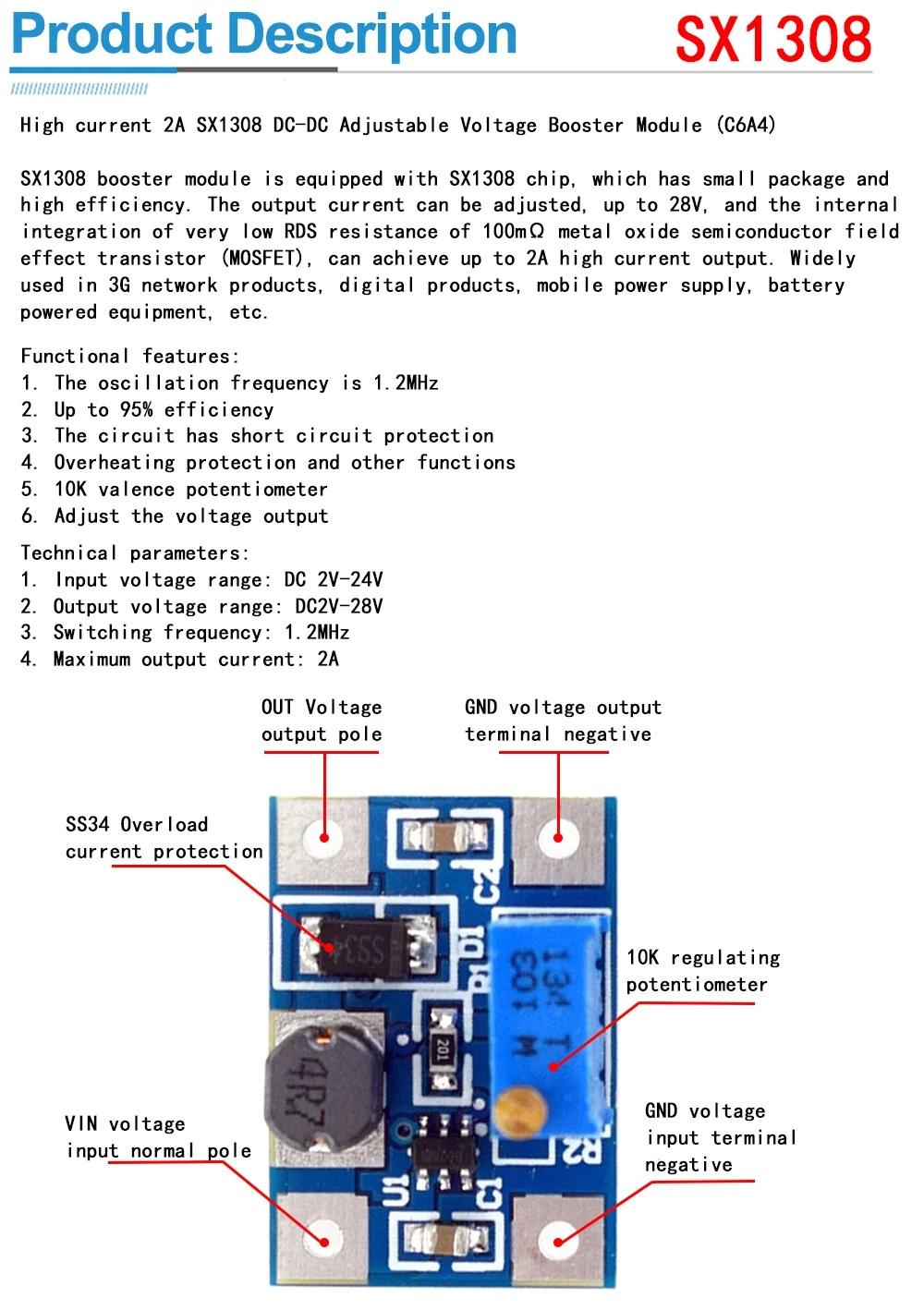 SX1308 Step Up DC-DC 2A บอร์ดแปลงไฟ ปรับแรงดันได้ 2–28V โมดูลบูสเตอร์ ...
